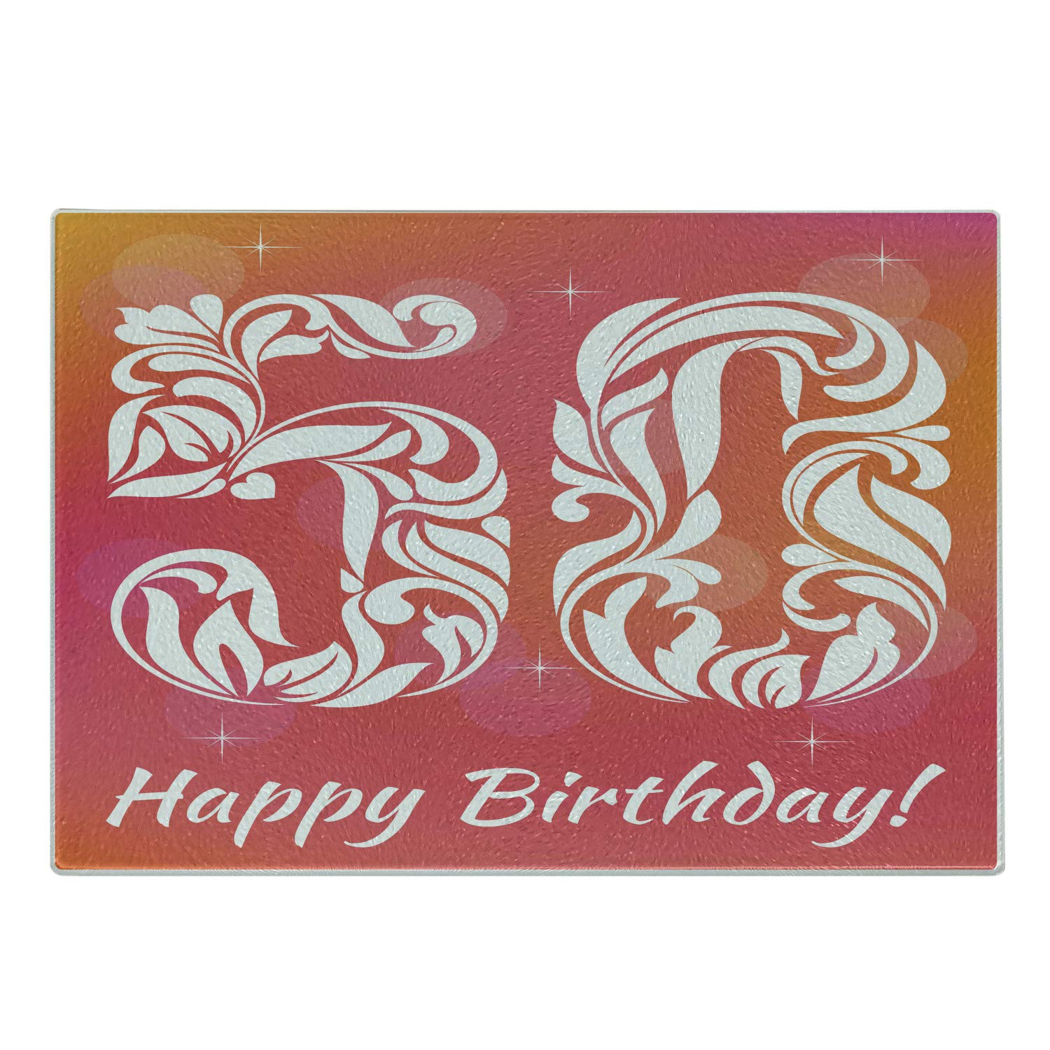 Ambesonne 50th Birthday Cutting Board - Vibrant Floral Swirls & Stars Art Print - Tempered Glass Serving Tray - Small Size (Pink, Orange, White) - Perfect for Birthday Parties, Anniversaries & Kitchen Decor