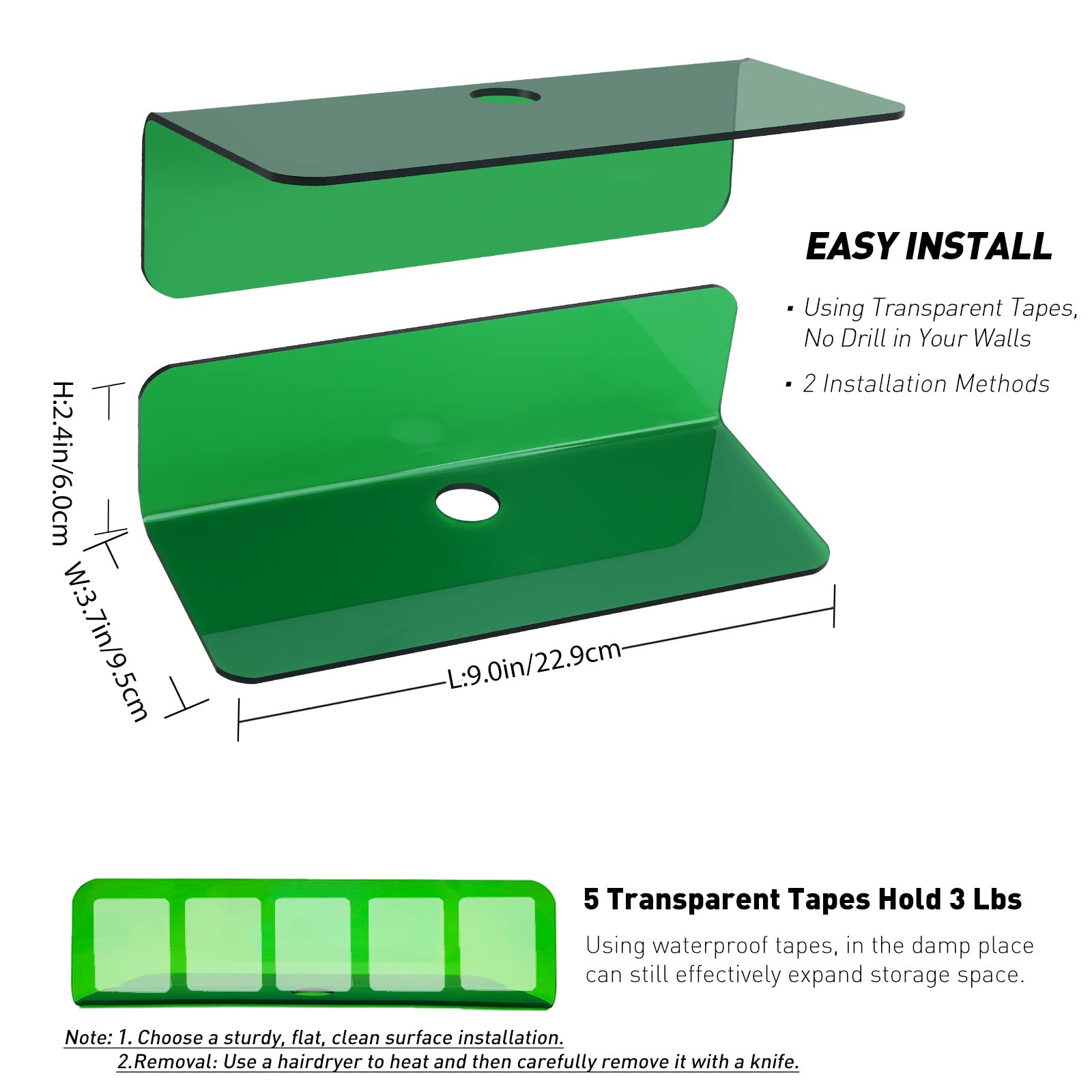OAPRIRE 2-Pack Wall Mount Shelves - No Drill Acrylic Floating Shelves with Cable Clips & Strong Waterproof Adhesive for Bedroom, Bathroom, Kids Room - Easy Installation (Emerald Green) | Perfect for Organizing Toiletries, Books & Decor in Small Spaces