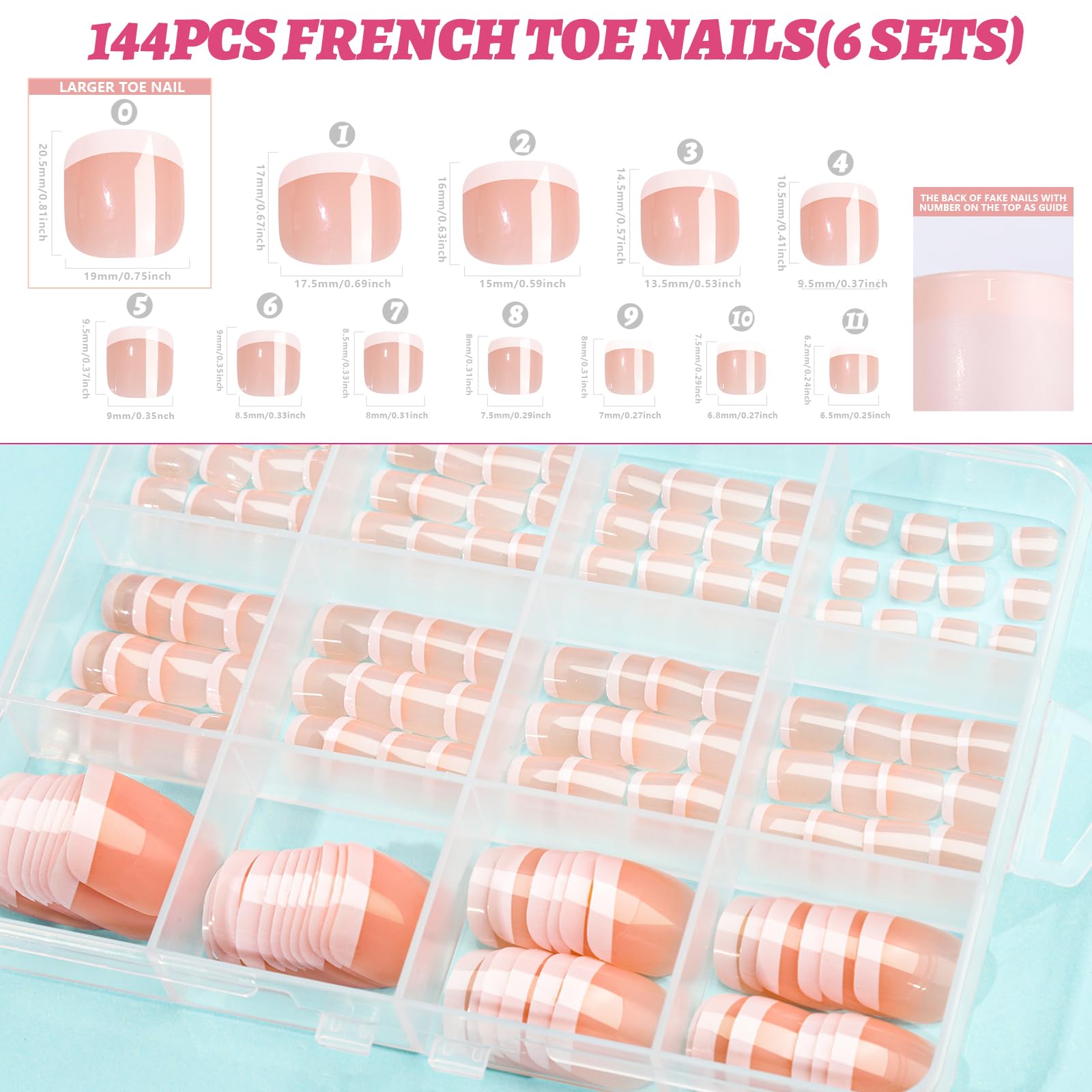 144pcs Press on Toenails for Women - 6 Sets French Tip Fake Toenails with Glue | Easy Application & Long Lasting | Perfect for Pedicures, Vacations & Special Occasions