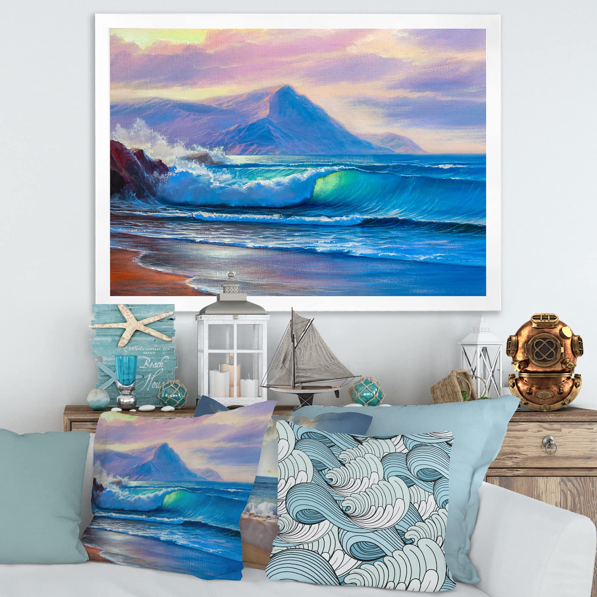 DesignQ Blue Waves Breaking At The Beach - Coastal Framed Wall Art Decor for Living Room, Bedroom & Office | Nautical Home Decor