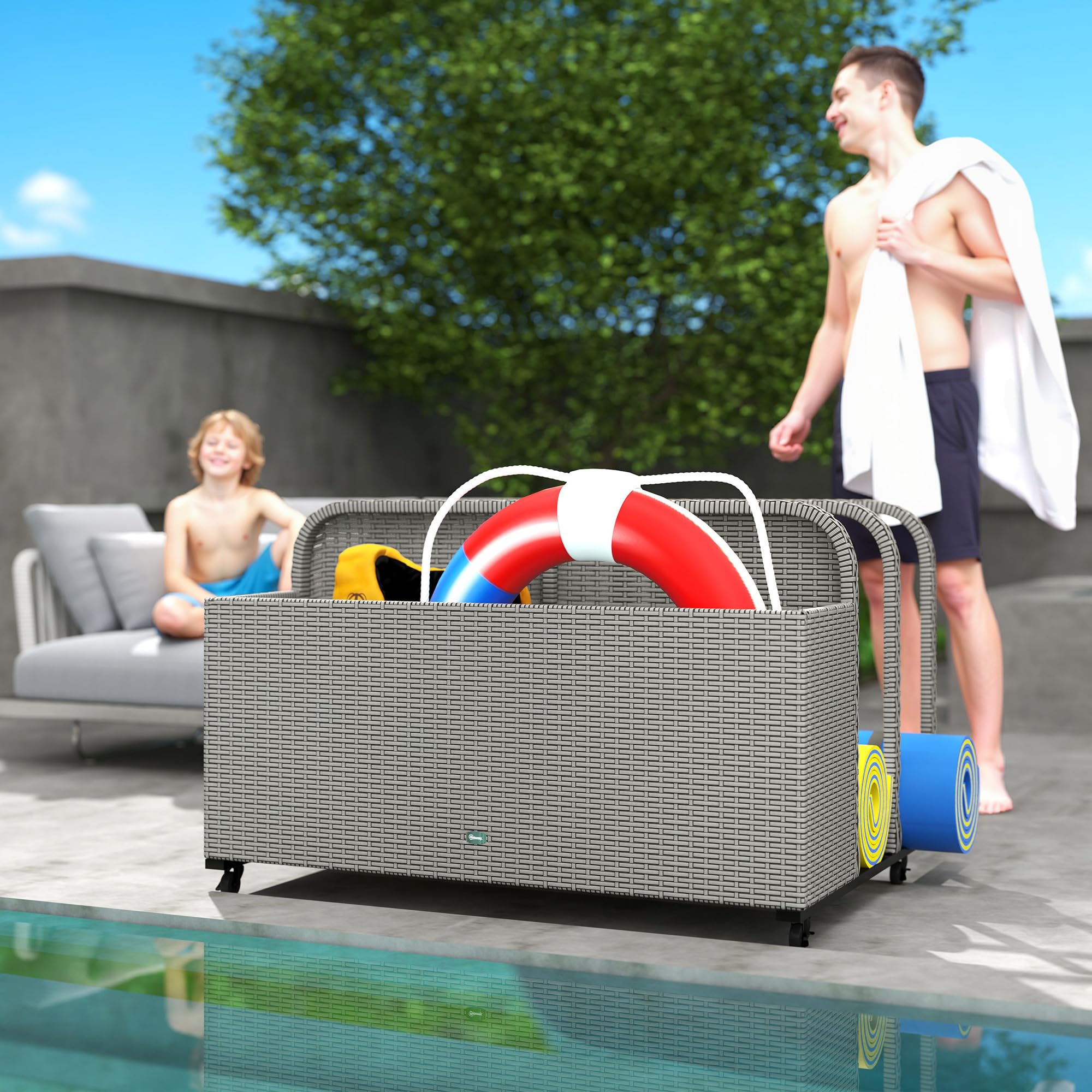 Outsunny PE Rattan Pool Float Storage Basket with Wheels - Outdoor Wicker Caddy Organizer for Pool Toys, Floaties, Noodles, Beach Balls & Life Vests - Durable Gray Patio Storage for Backyard, Poolside & Beach Use
