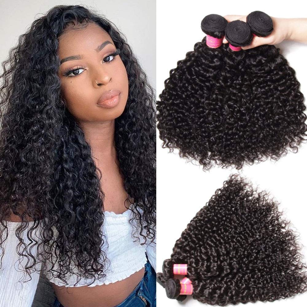Klaiyi Brazilian Curly Hair Extensions 3 Bundles - 9A Grade Virgin Human Hair Weave (12/14/16 Inch) 95-100g per Bundle - Natural Black Color for Styling, Volume & Length - Perfect for Daily Wear, Parties & Special Occasions