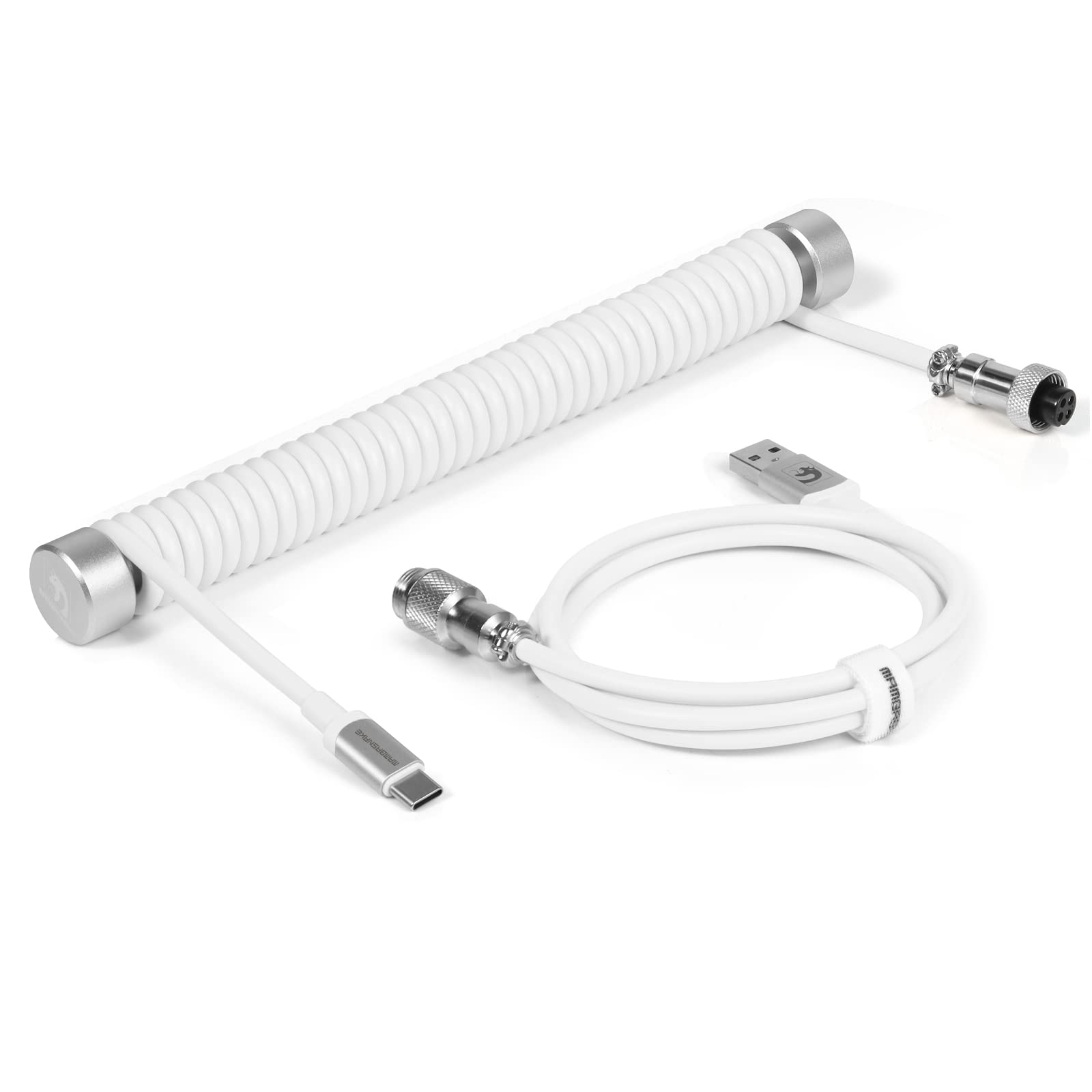 Custom Coiled USB C to A Cable with Detachable Extendable Double Sleeve - Silver Spiral Aviator Cable for PS4 PS5 Xbox Keyboard USB Flash Drive Printer (White) | Perfect for Gaming Setup & Office Accessories