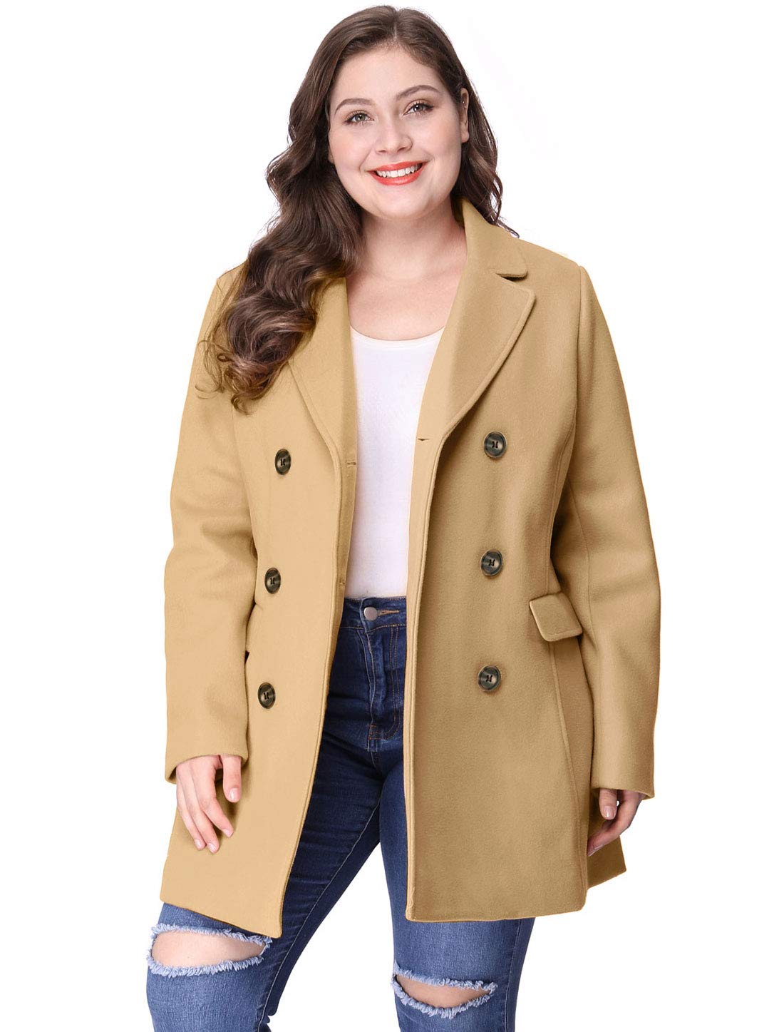 Agnes Orinda Women's Plus Size Notched Lapel Double Breasted Long Winter Coat for Office, Business & Formal Occasions