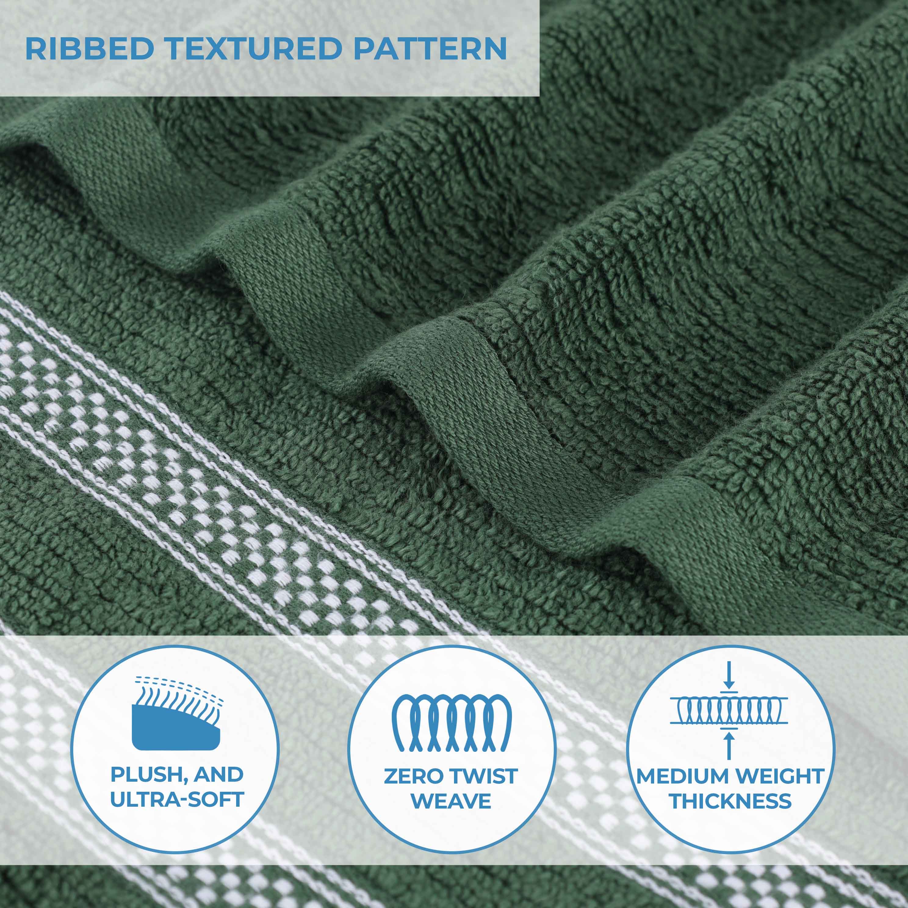 Premium Zero Twist Cotton Ribbed Geometric Border Plush Bath Towel Set of 3 - Ultra Soft & Absorbent, Luxury Spa & Bathroom Essentials for Home, Hotel, Gym