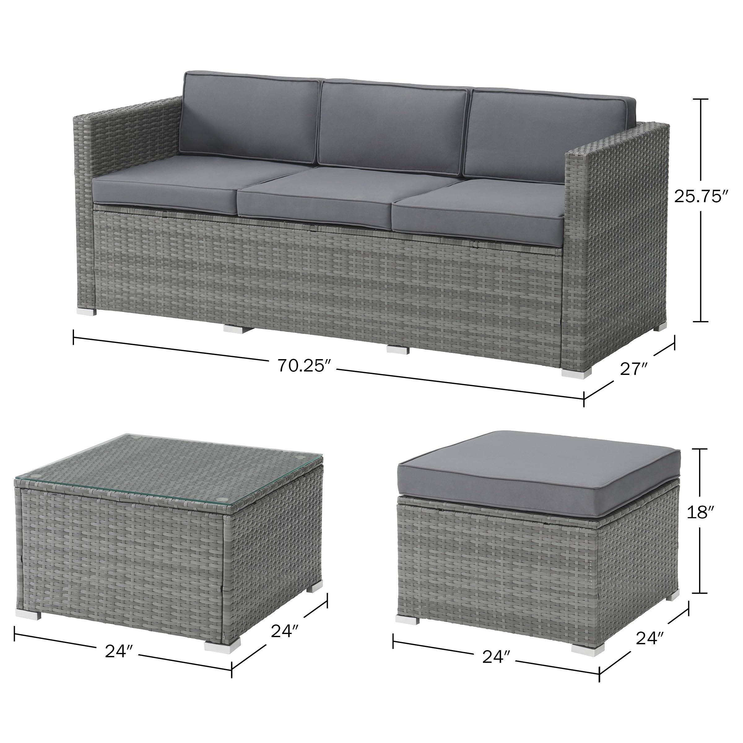 Premium 3-Piece Rattan Patio Furniture Set - Outdoor Sectional Sofa with Ottoman & Coffee Table - Weather-Resistant Gray Wicker Deck, Poolside, Backyard or Sunroom Lounge Set for Relaxing & Entertaining