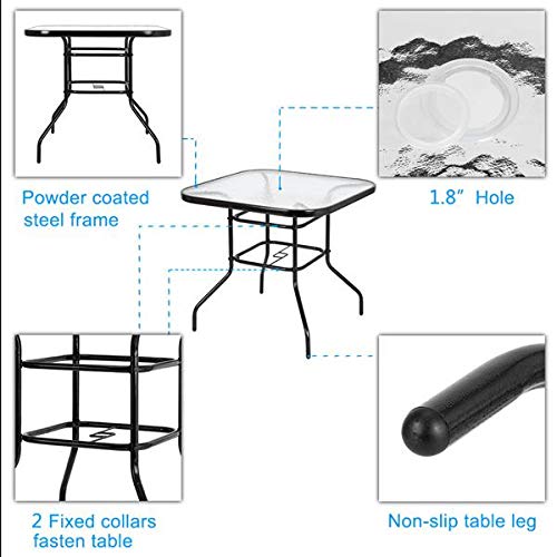 Outdoor Dining Table with Tempered Glass Top & Umbrella Hole - Square Patio Bistro Set for Garden, Poolside, Deck, Lawn - Perfect for Al Fresco Dining & Outdoor Entertaining