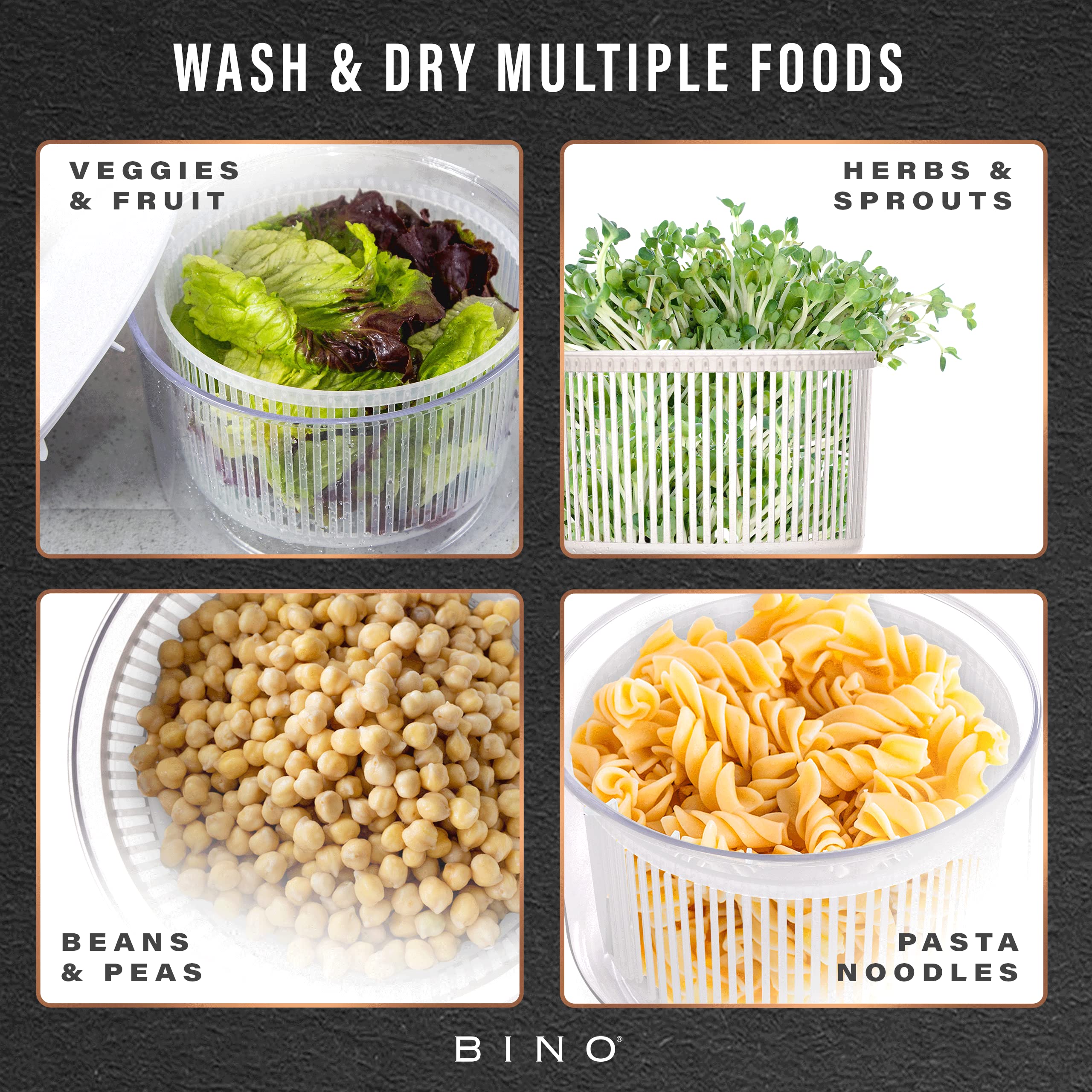BINO 2.75 Qt Manual Salad Spinner - Lettuce Dryer with Serving Bowl, Fruit & Vegetable Basket, Pasta & Herb Strainer - Perfect for Fresh Salads, Meal Prep & Healthy Cooking | Kitchen Gadgets for Home Chefs