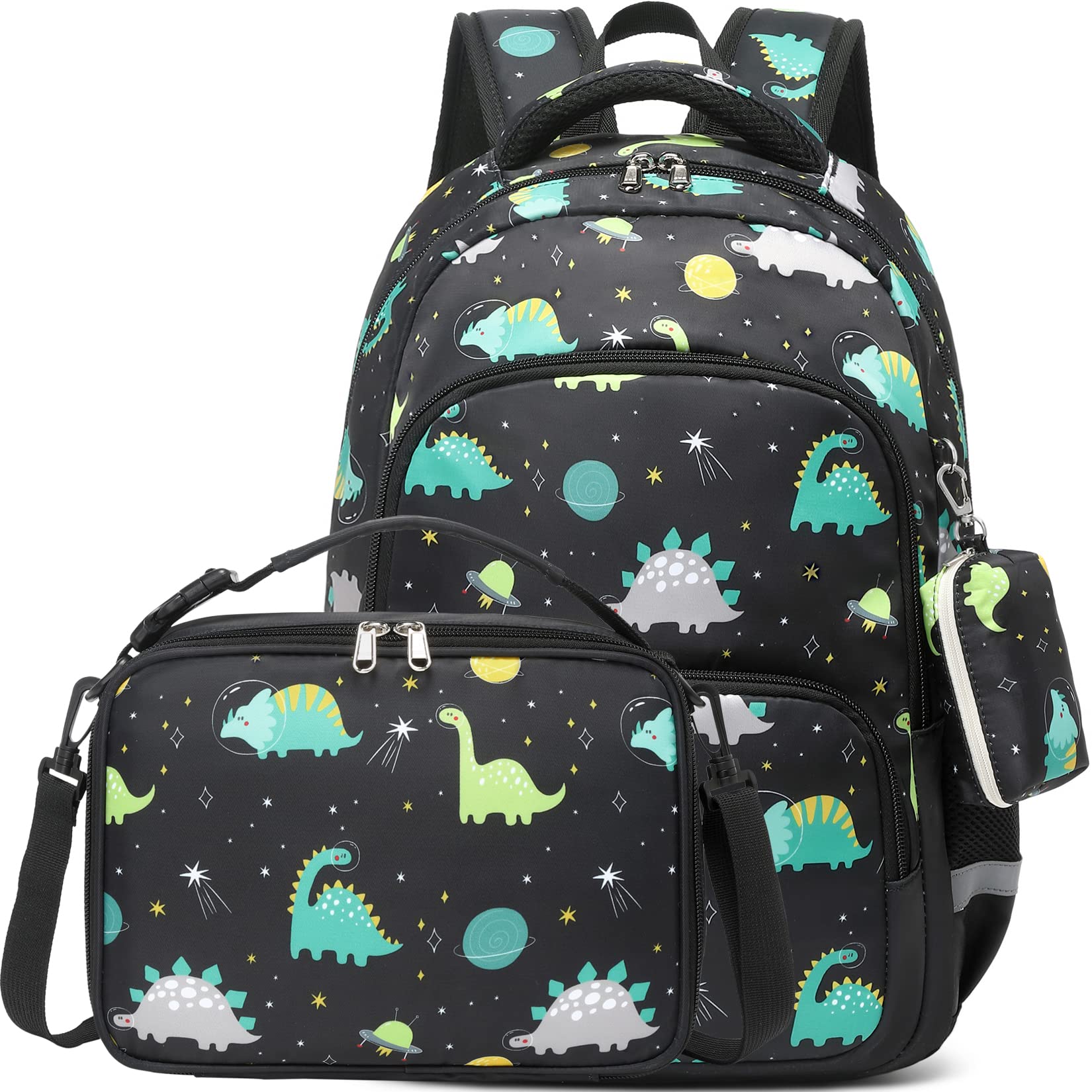 Durable School Backpack for Boys - Kids Bookbag with Insulated Lunch Bag & Coin Pouch - Black Dinosaur Design - Perfect for Elementary Students, Day Trips & Outdoor Adventures