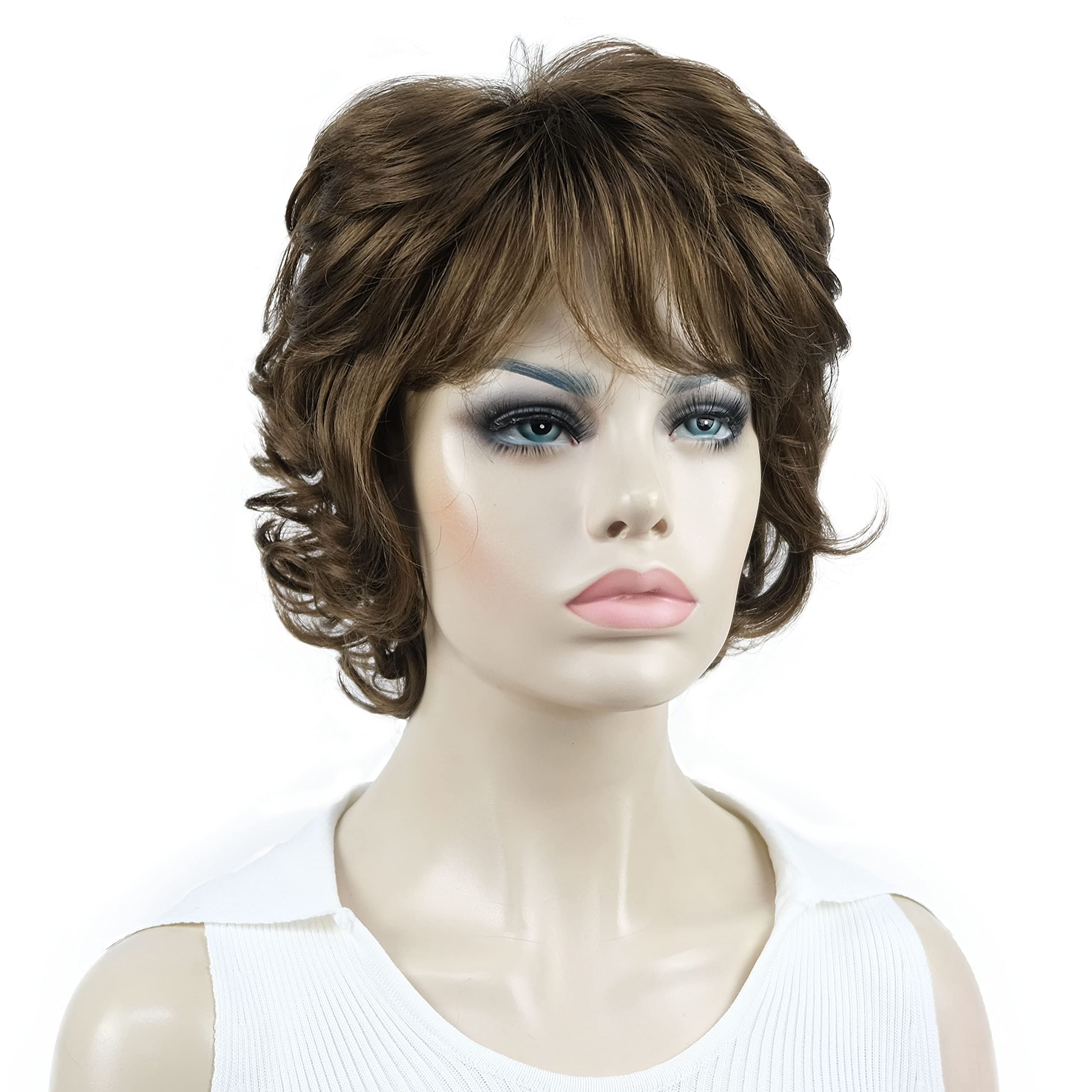 Aimole Short Curly Synthetic Wig for Women - Medium Golden Brown Layered Bangs Wig | Heat Resistant & Natural Look | Perfect for Cosplay, Daily Wear & Halloween Costumes