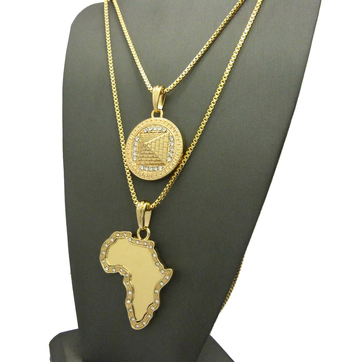 Hip Hop Iced Out Gold Plated Egyptian Africa Map & Pyramid Pendant Necklace Set with 20