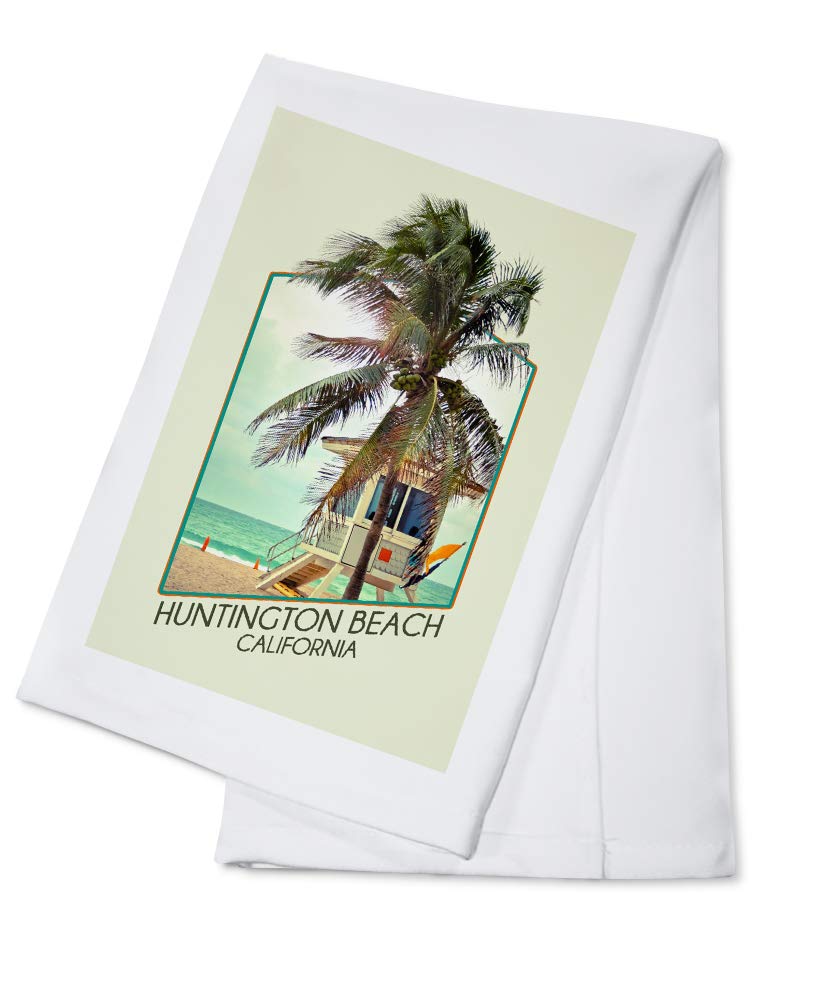California Huntington Beach Lifeguard Shack & Palm Tree 100% Cotton Tea Towel - Decorative Hand Towel for Kitchen, Bathroom & Home Decor - Perfect for Beach House, Coastal Theme or Gift