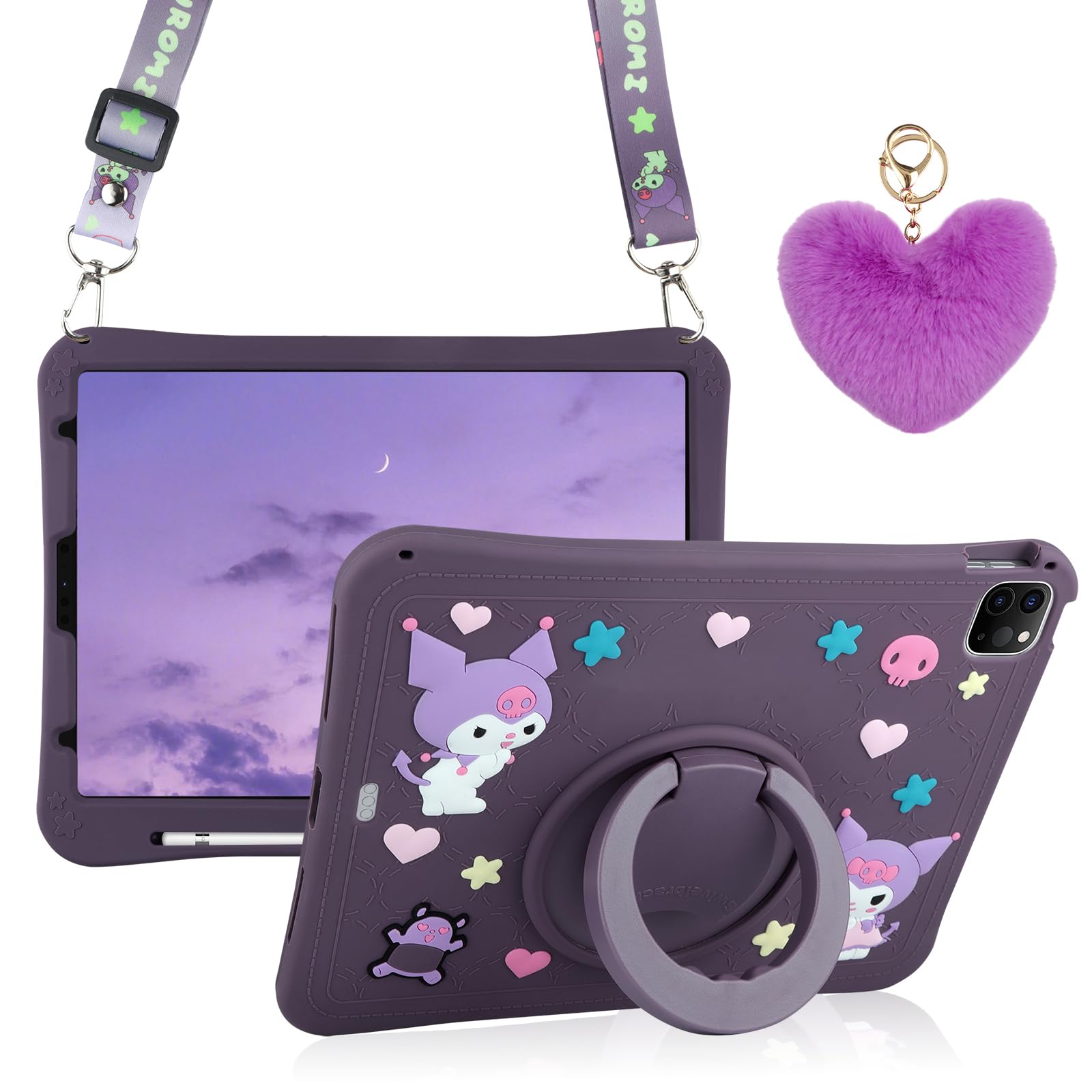 WESADN iPad Air 5th Gen Case & iPad Pro 11 Inch Case (4th/3rd/2nd/1st Gen) - Shockproof Protective Cover with Kickstand, Pencil Holder, Lanyard & Keychain - Cute Dark Purple Tablet Case for Women, Girls & Kids - Perfect for School, Travel & Daily Use