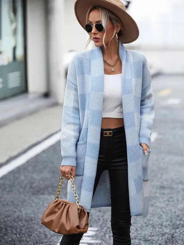 Stylish Loose Plaid Color Block Knit Cardigan Sweater for Women - Cozy Fall & Winter Fashion - Perfect for Office, Dating and Casual Outings