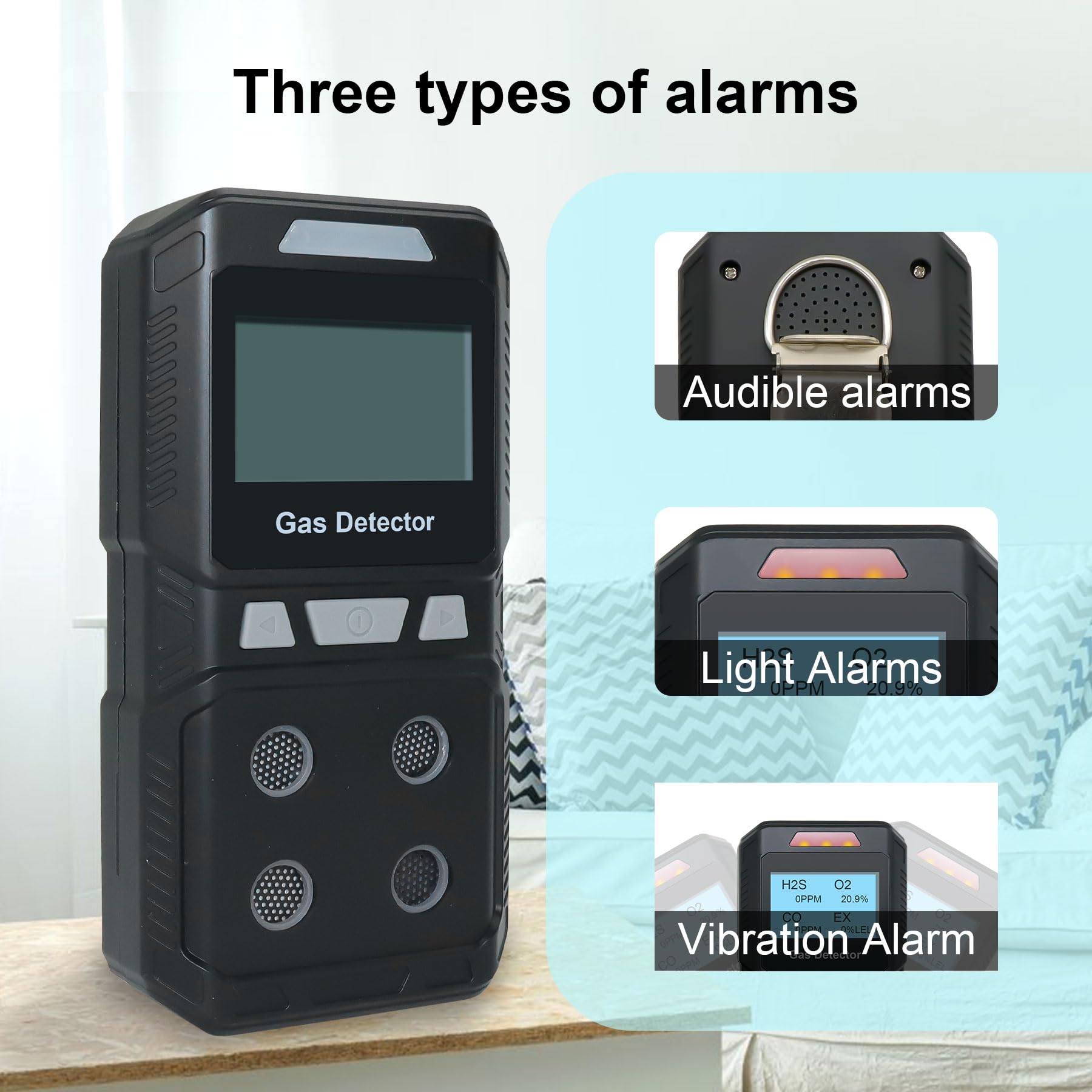 Portable 4-in-1 Gas Detector with Rechargeable Battery - H2S/O2/CO/EX Gas Leak Detector with Voice, Light & Vibration Alarms - Air Quality Monitor for Home, Industrial & Outdoor Safety Use