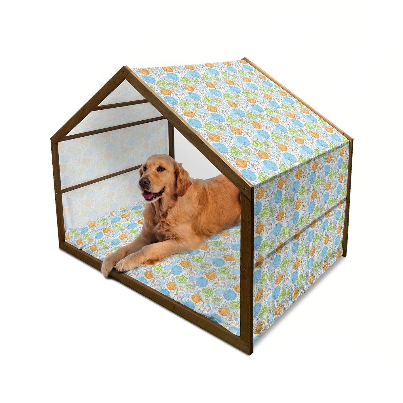 Ambesonne Floral Wooden Dog House - Colorful Sketch Style Roses with Hearts & Leaves Botanical Theme - Indoor & Outdoor Portable Pet Kennel with Pillow & Cover - X-Large Size in Lime Green & Sky Blue - Perfect for Backyard, Patio, or Living Room Pet Comfort