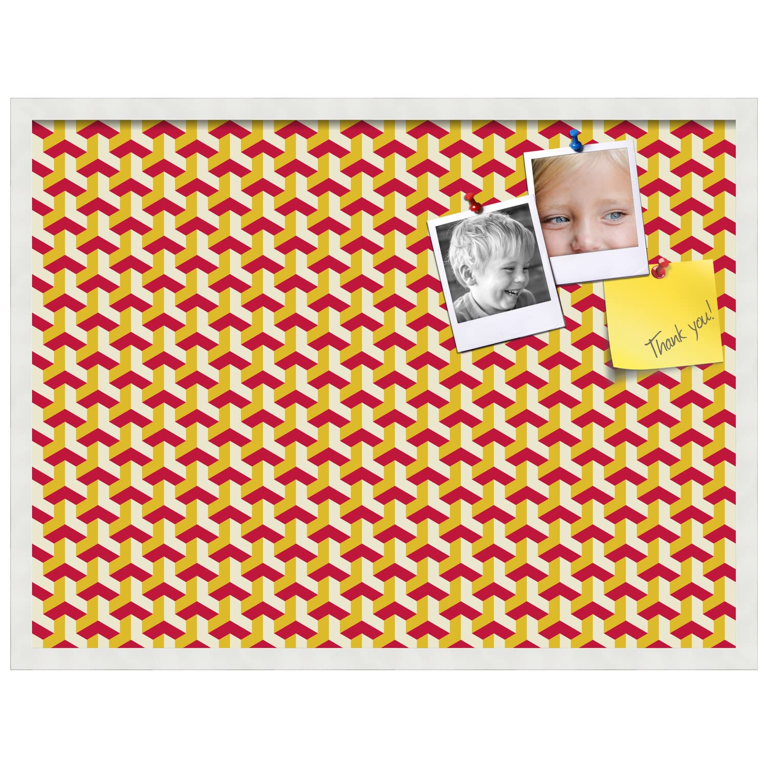 PinPix 32x24 Inch Cork Bulletin Board with Red Gold BAUS Design & White Satin Frame - Stylish Wall Organizer for Home Office Decor, School Classroom, Dorm Room, or Workspace (PinPix-1533)