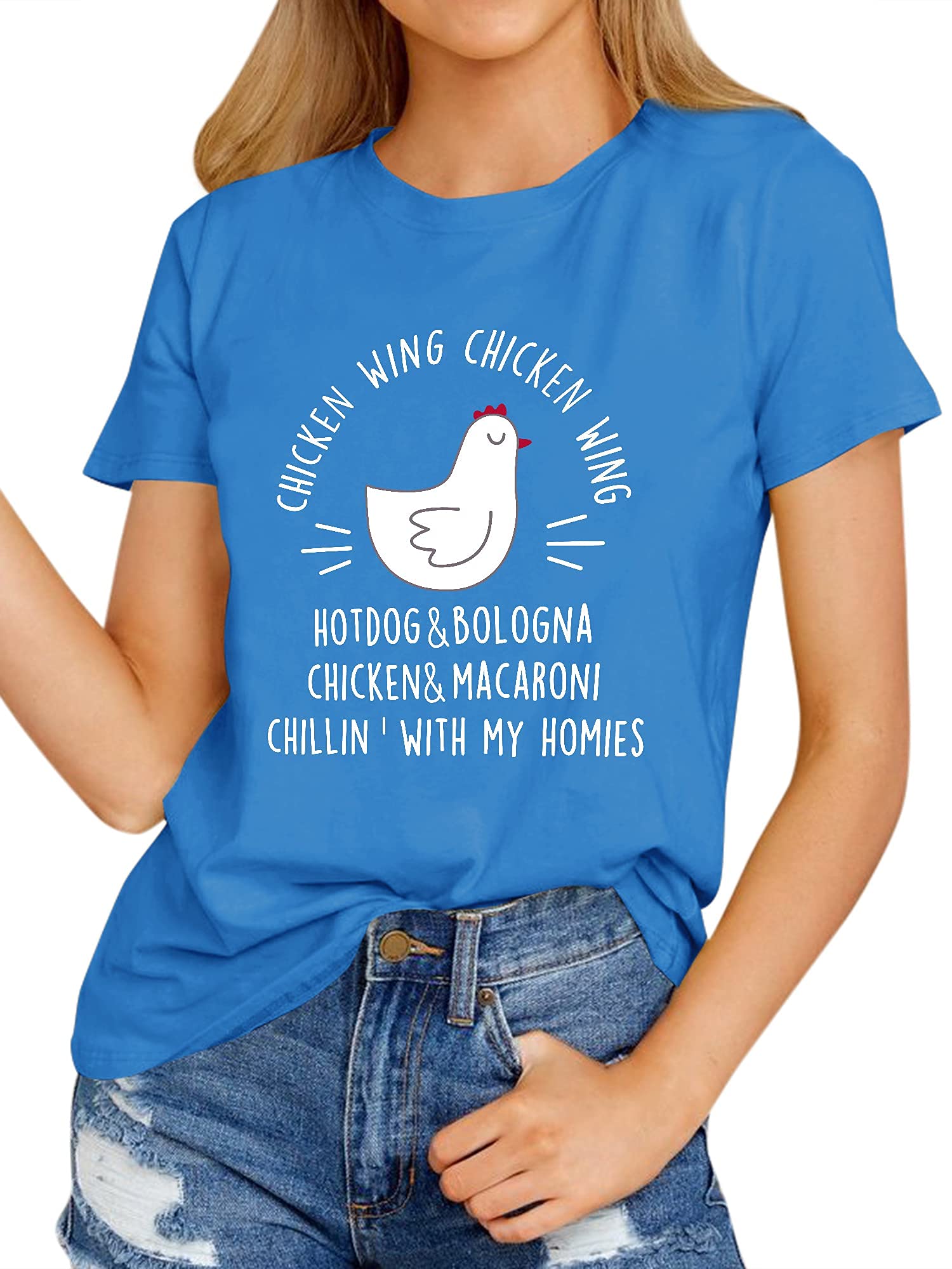 REOGA Funny Chicken Wing Hot Dog & Bologna Shirt for Women - Cute Chicken Lover Graphic Tee for Casual Wear & Chicken Enthusiasts