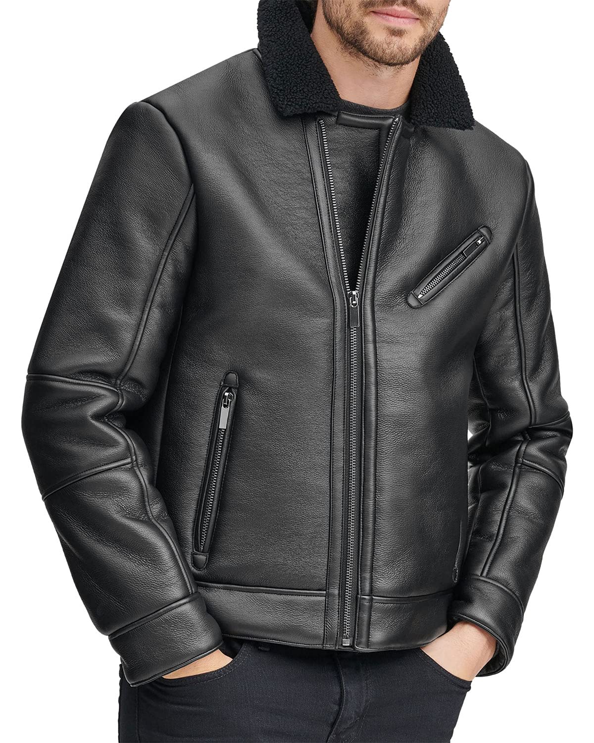 Andrew Marc Men's Faux Leather Sherpa Lined Jacket - Winter Warm Coat for Outdoor Activities & Casual Wear