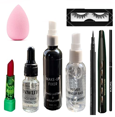 9-Piece Professional Makeup Kit Combo with Eyelashes, Eyeliner, Mascara, Kajal, Makeup Fixer, Face Primer, Essential Oil Face Serum, Puff & Lipstick - Perfect for Daily Use, Bridal Makeup & Travel