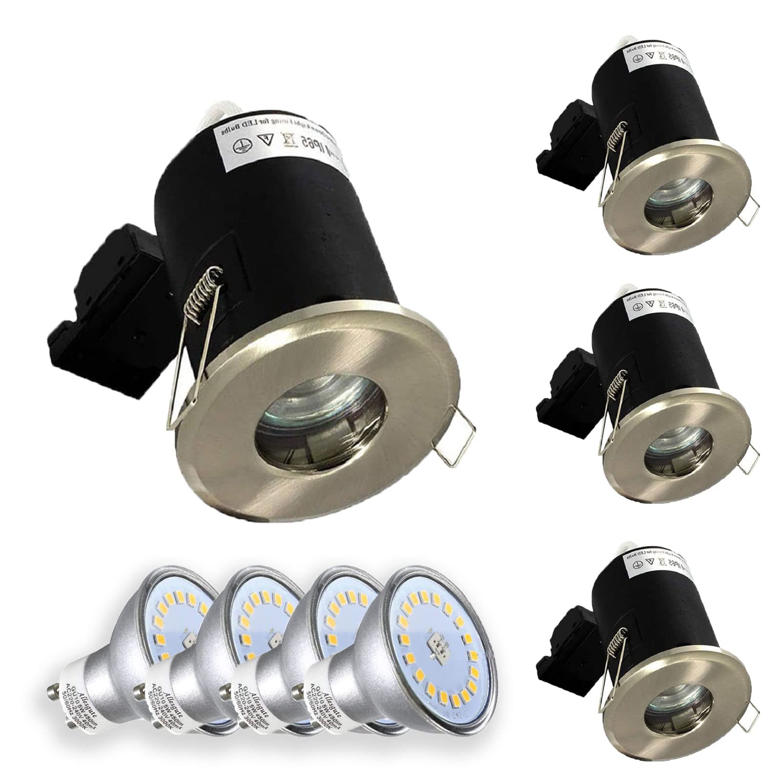 4X LED Fire Rated GU10 Downlights IP65 Waterproof - Brushed Chrome Recessed Ceiling Spotlights with 5W Warm White Bulbs - Perfect for Bathroom, Kitchen & Commercial Spaces