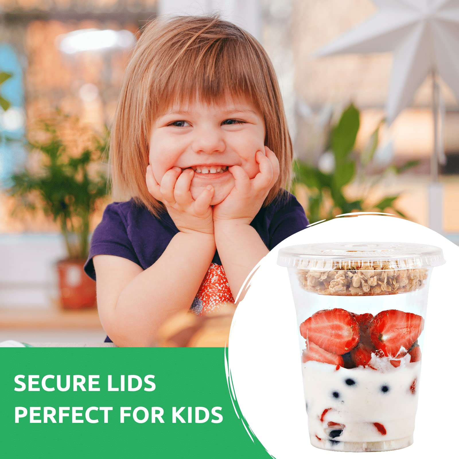 150-Pack 12 oz Clear Plastic Parfait Cups with 3.25 oz Insert & Flat Lids - Leakproof Yogurt, Fruit, Dips Containers for Kids Breakfast, Snacks, Parties, Catering & Takeout - BPA-Free Reusable Dessert Cups