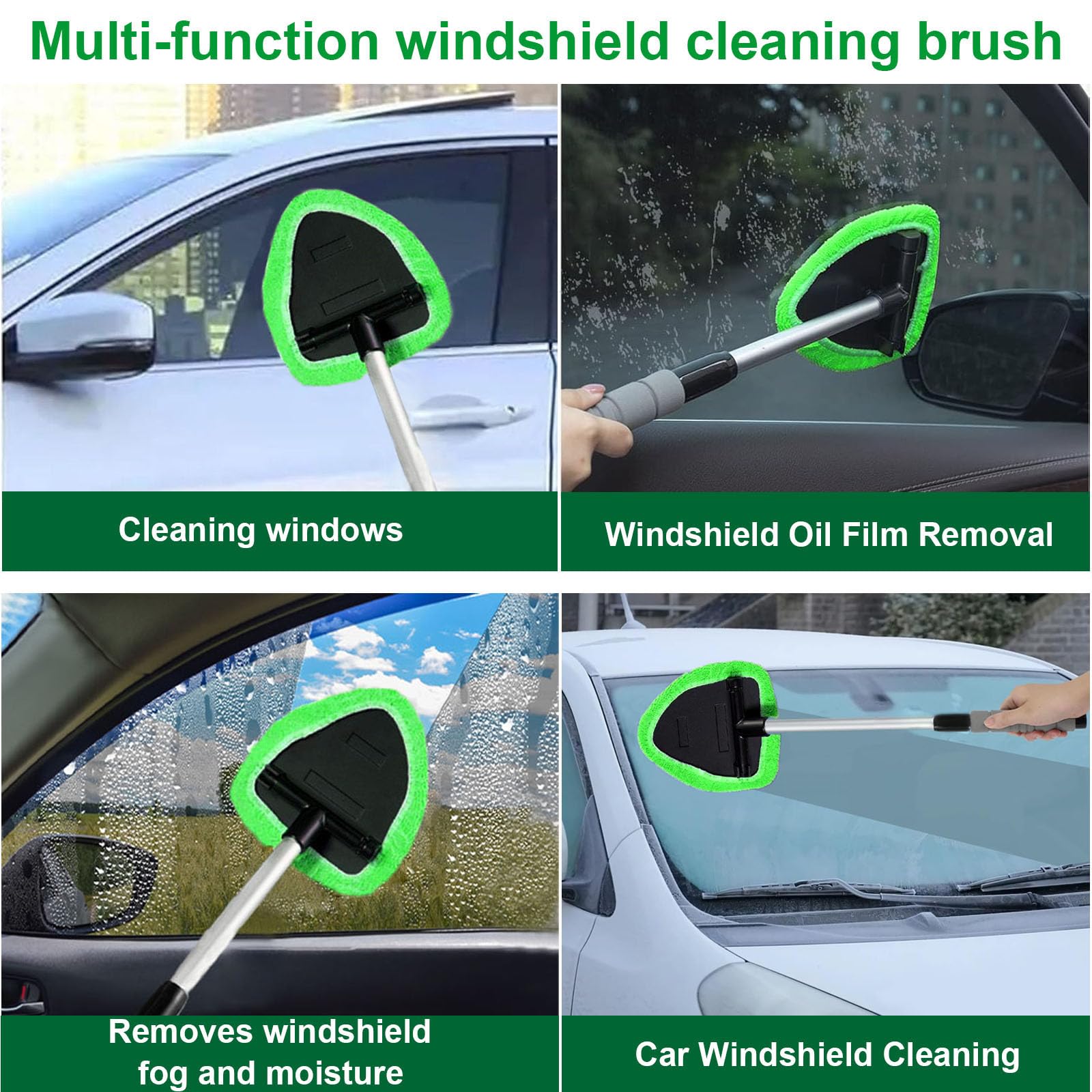 Premium Windshield Cleaning Tool - Car Window Cleaner with 4 Washable Microfiber Pads & Extendable Handle - Auto Glass Wiper Kit for Interior/Exterior Cleaning (Green) - Perfect for Cars, Trucks, SUVs and RVs