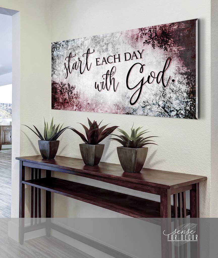 Inspirational Wall Decor - Start Each Day With God | Religious & Spiritual Room Decor | Positive Quotes for Bedroom | Wine Red 60x27 Canvas Art | Motivational Christian Home Décor for Living Room & Office
