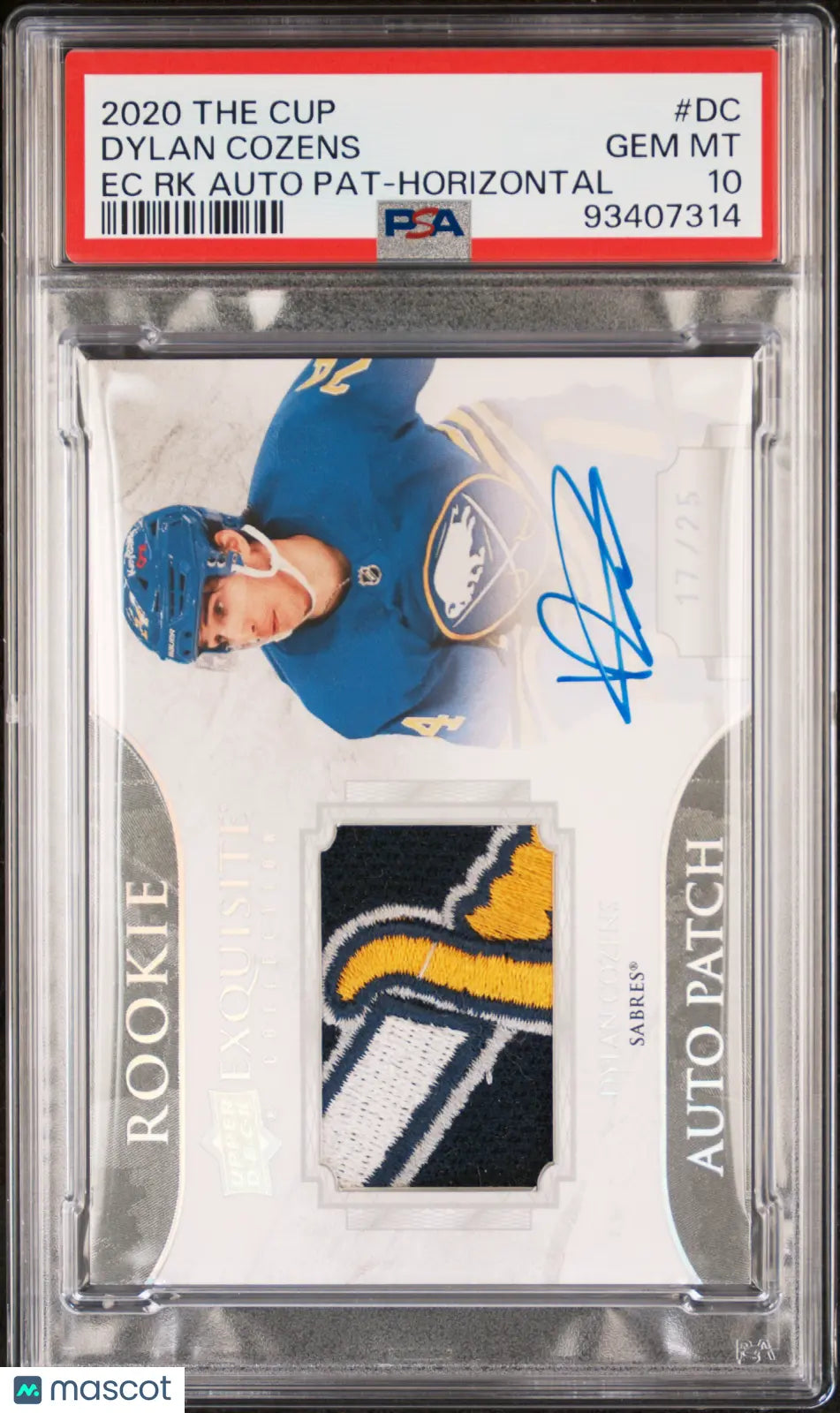 2020 UD The Cup Exquisite Collection PSA 10 Dylan Cozens Rookie Patch Auto Horizontal /25 - Rare Hockey Trading Card for Collectors & Investors