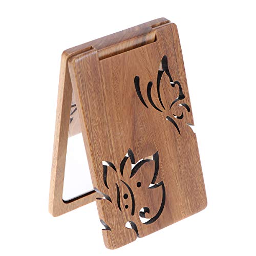FOMIYES Foldable Makeup Mirror with Carved Plum Design - Portable Black & Gold Wooden Cosmetic Mirror for Vanity, Travel, and Home Decor