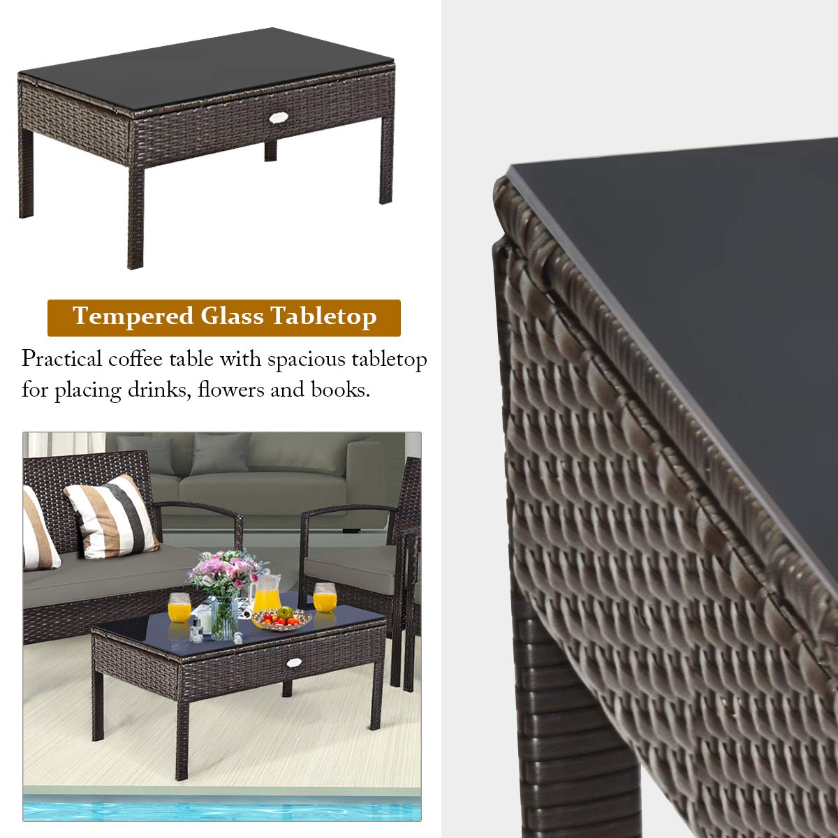 HappyGrill 4-Piece Outdoor Patio Furniture Set - Rattan Wicker Loveseat Sofa with Cushions & Glass Top Coffee Table - Perfect for Garden, Poolside, Lawn, and Backyard Relaxation