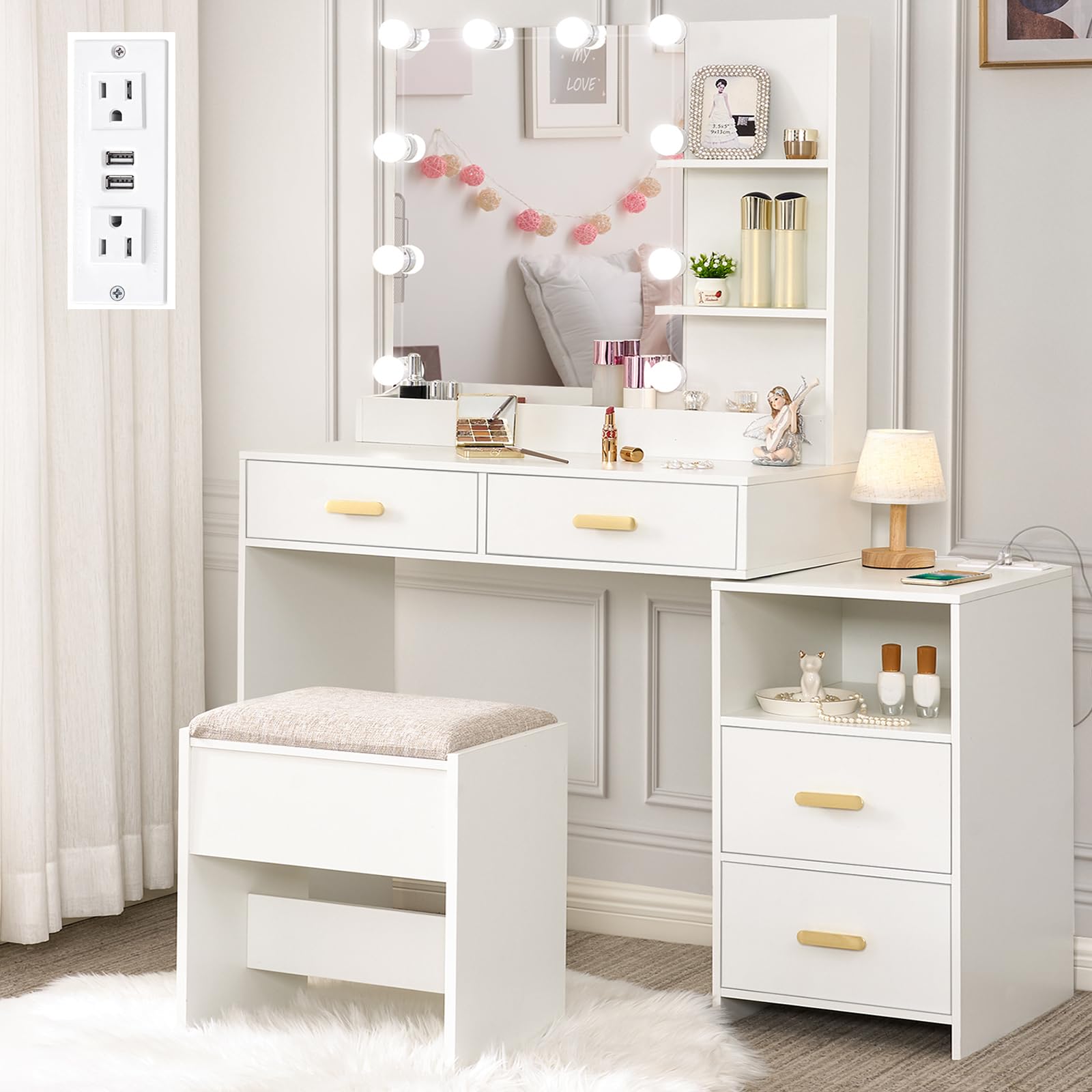 ANWBROAD White Makeup Vanity Desk with LED Mirror - 10 Adjustable Lights, 3 Color Modes, Power Outlet & 5 Storage Drawers, Dressing Table with Stool for Bedroom, Perfect for Beauty Routine & Home Decor