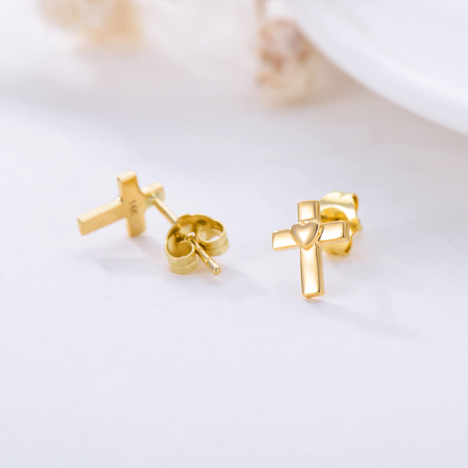 14K Real Gold Cross Stud Earrings for Women - Dainty Yellow Gold Faith Post Earrings - Religious Jewelry Gifts for Birthday, Christmas, Baptism & Confirmation - Perfect for Church, Weddings & Everyday Wear
