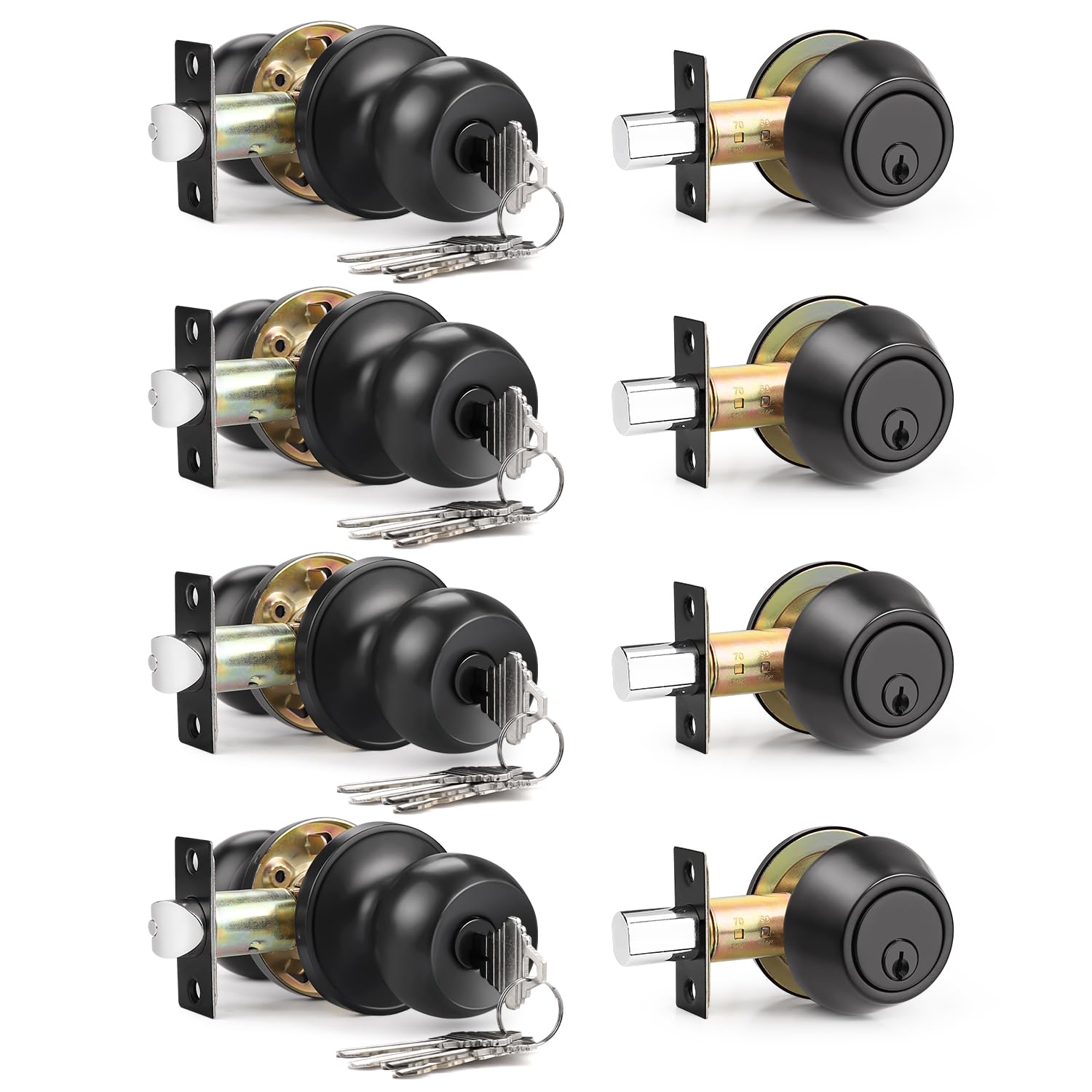 4 Pack Matte Black Entry Door Knob Lockset with Single Cylinder Deadbolt Combo Set - Keyed Alike Exterior Door Lock for Front Door & Gate - Perfect for Home Security & Outdoor Access Control