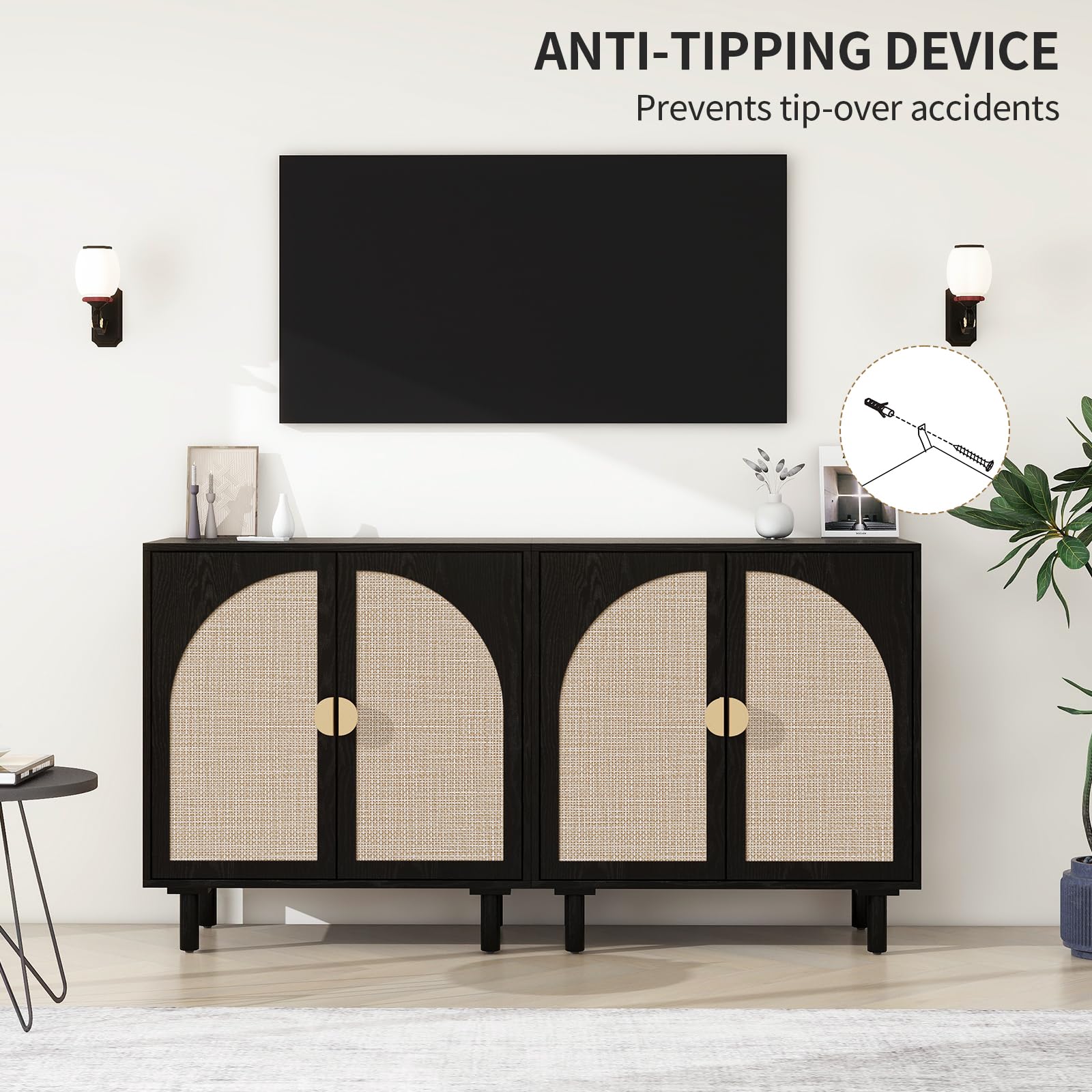 Natural Rattan Sideboard Buffet Cabinet with 2 Wicker Doors - Boho Wood Credenza for Living Room & Kitchen Storage | Accent Furniture for Dining Room, Hallway & Entryway (Black)