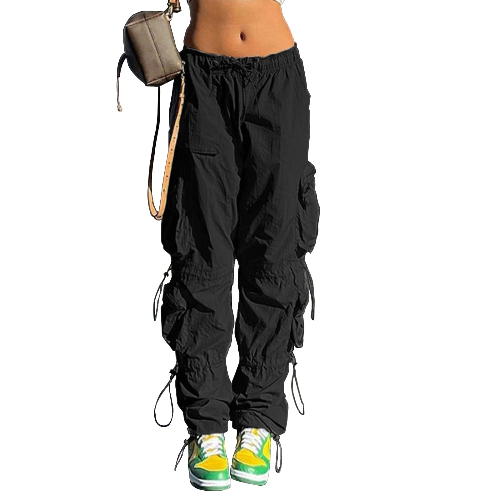 QYANGG Women's Baggy Parachute Pants with Drawstring Waist - Elastic Low Rise Cargo Joggers with Multiple Pockets | Y2K Streetwear Fashion for Casual Wear, Hip Hop Style & 90s Retro Outfits