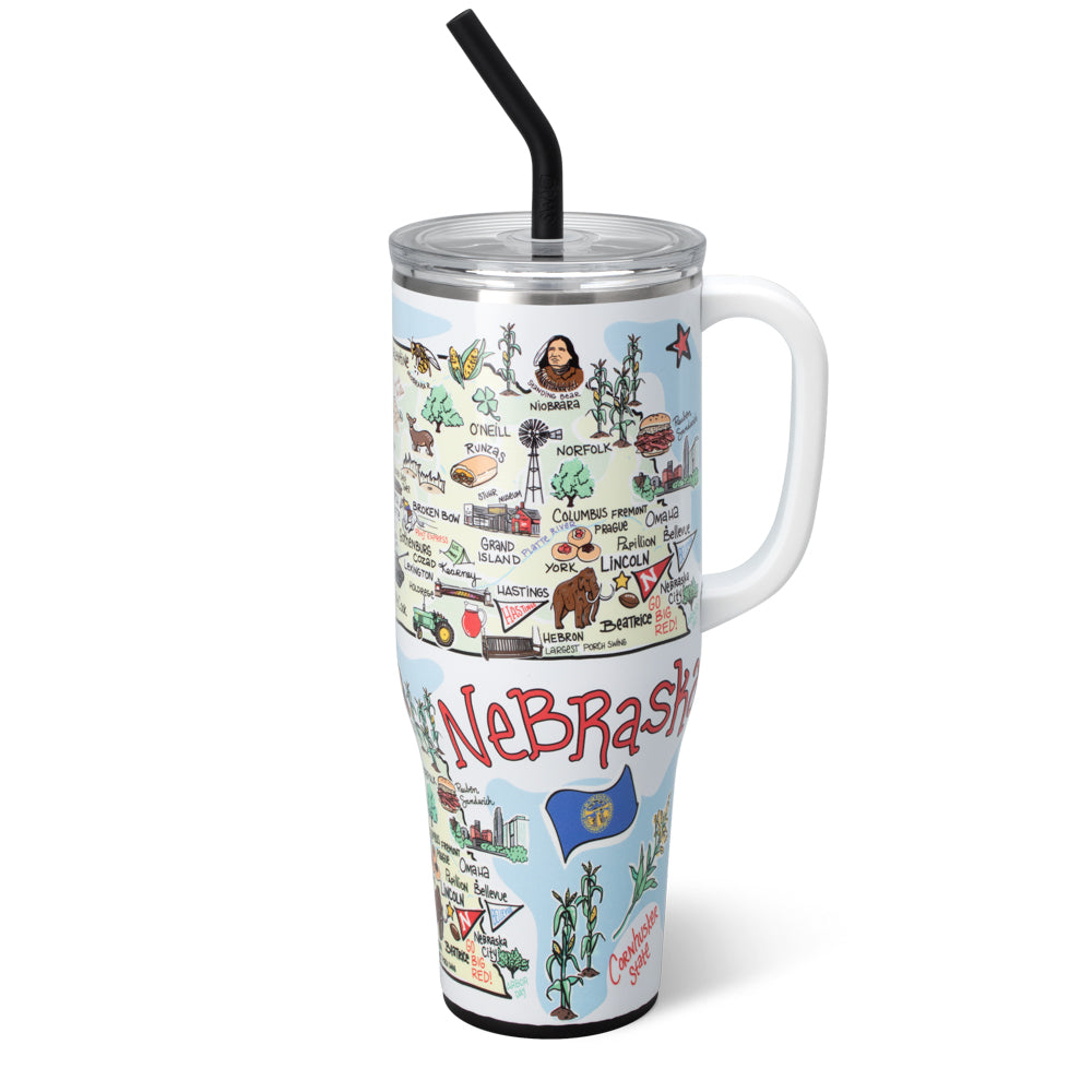 40oz Nebraska Mega Mug - Large Insulated Stainless Steel Tumbler with Lid & Straw - Perfect for Coffee, Tea, Cold Drinks - Great for Camping, Office, Travel & Outdoor Activities