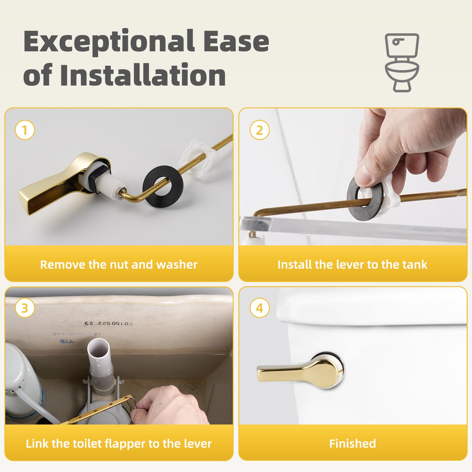 iFealClear Universal Toilet Tank Flush Lever - Polished Gold Front Mount Replacement with 2 Stainless Steel Flapper Chains - Easy Installation Solid Brass - Perfect for Bathroom Renovation & Home Improvement Projects
