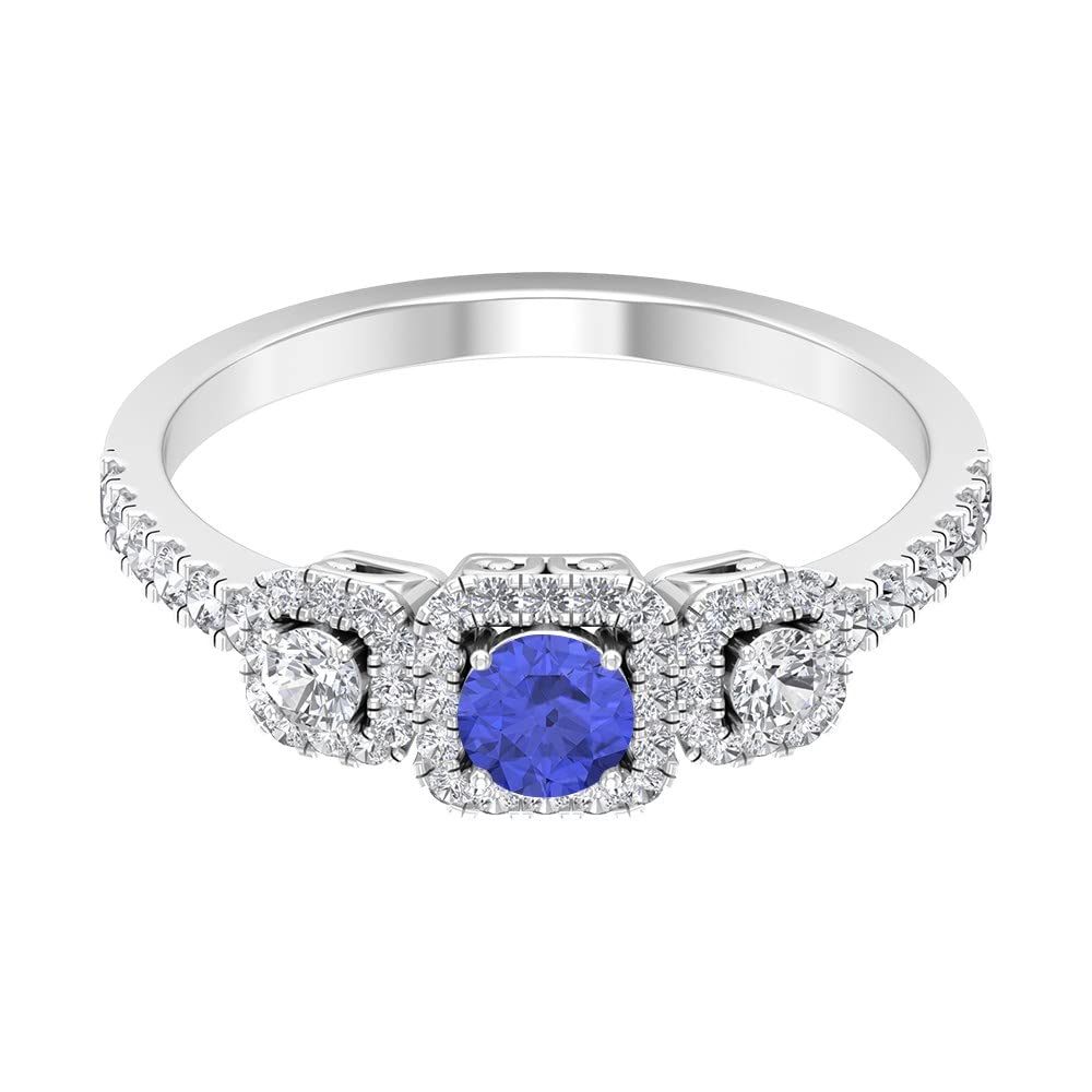 1 CT Tanzanite and Diamond Ring in 14K Solid Gold - Vintage Inspired Three Stone Tanzanite Ring with Accent Diamonds for Engagement, Wedding & Anniversary Gifts