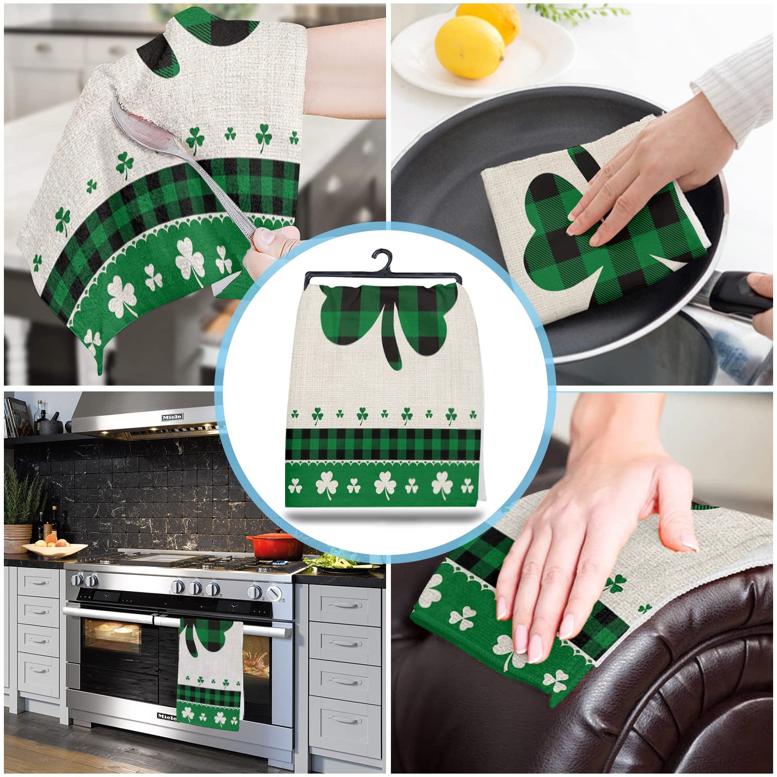 **Soft Microfiber Kitchen Towels - Pack of 4 Absorbent Dish Towels, Tea Towels & Bar Towels (18x28 Inch) - St. Patrick's Day Green Black Buffalo Plaid with Lucky Shamrock Design - Perfect for Kitchen Cleaning, Drying Dishes & Bar Use**