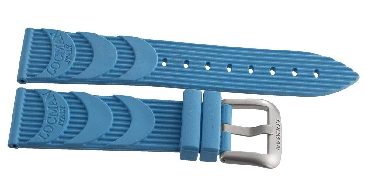 Locman Men's 24mm Light Blue Rubber Watch Band Strap with Silver Buckle - Durable Replacement Watch Strap for Swimming, Diving & Outdoor Activities