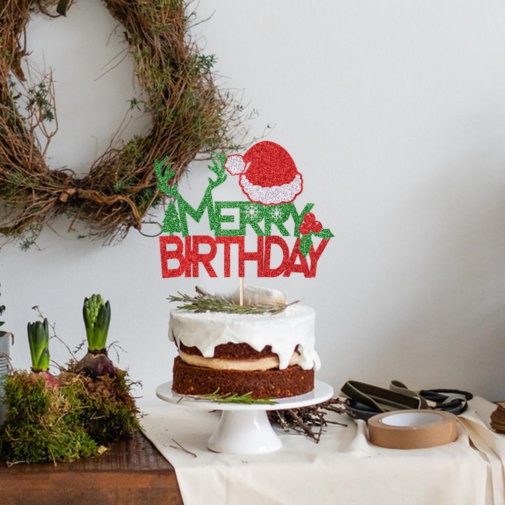 Merry Birthday Cake Topper - Red & Green Glitter Christmas Cake Decorations for Holiday Parties | New Year, Christmas, Winter & Baby Shower Celebration Supplies | Perfect for Christmas Desserts, Birthday Cakes & Festive Gatherings