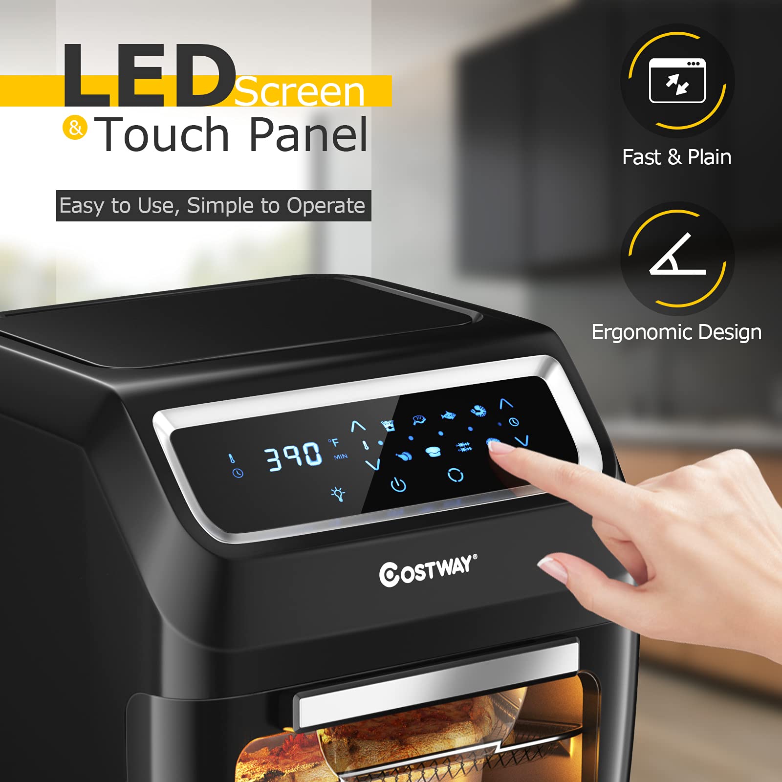 COSTWAY 8-in-1 Air Fryer Oven with Rotisserie & Dehydrator, 1700W Countertop Convection Oven with LED Touch Screen - Perfect for Pizza, Toast, Turkey, Roasting, and Healthy Snacks