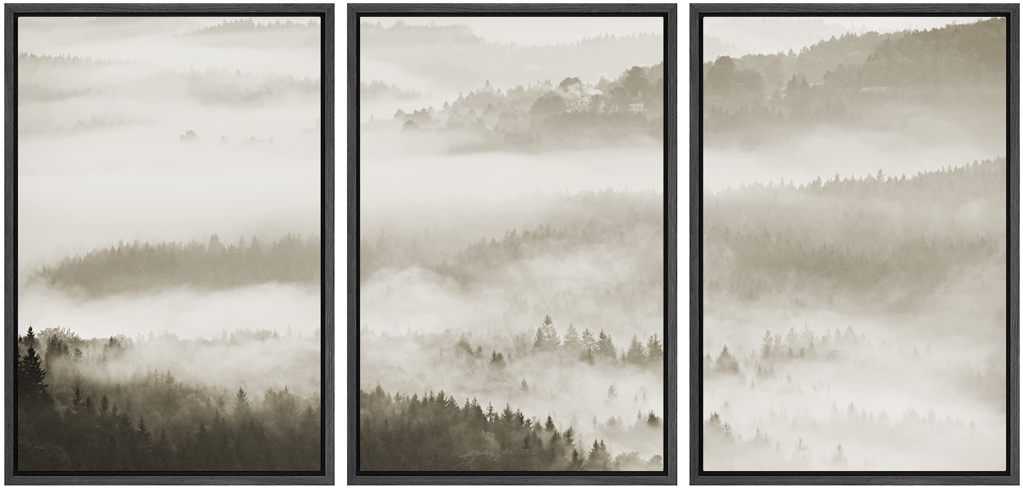 Framed Canvas Print Wall Art - Woodland Nursery Decor Set, Aerial View Black & White Misty Mountain Nature Modern Art, Rustic Landscape Colorful Painting for Living Room, Bedroom, Office - 24