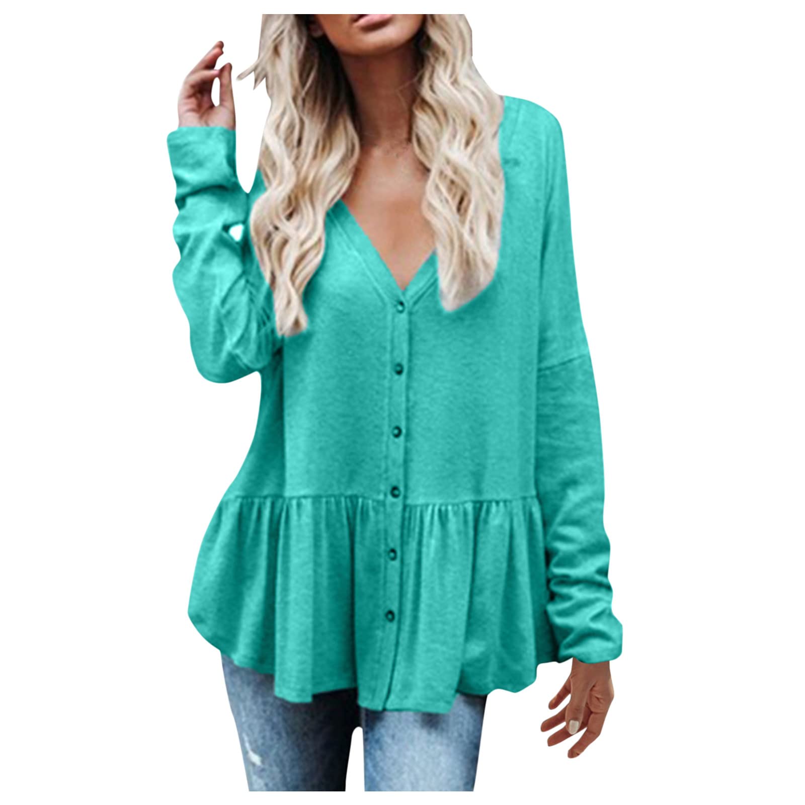 Women's Long Sleeve V-Neck Button Up Blouse with Ruffle & Peplum Detail - Stylish Waffle Knit Tunic Top for Work, Date Night & Casual Outfits