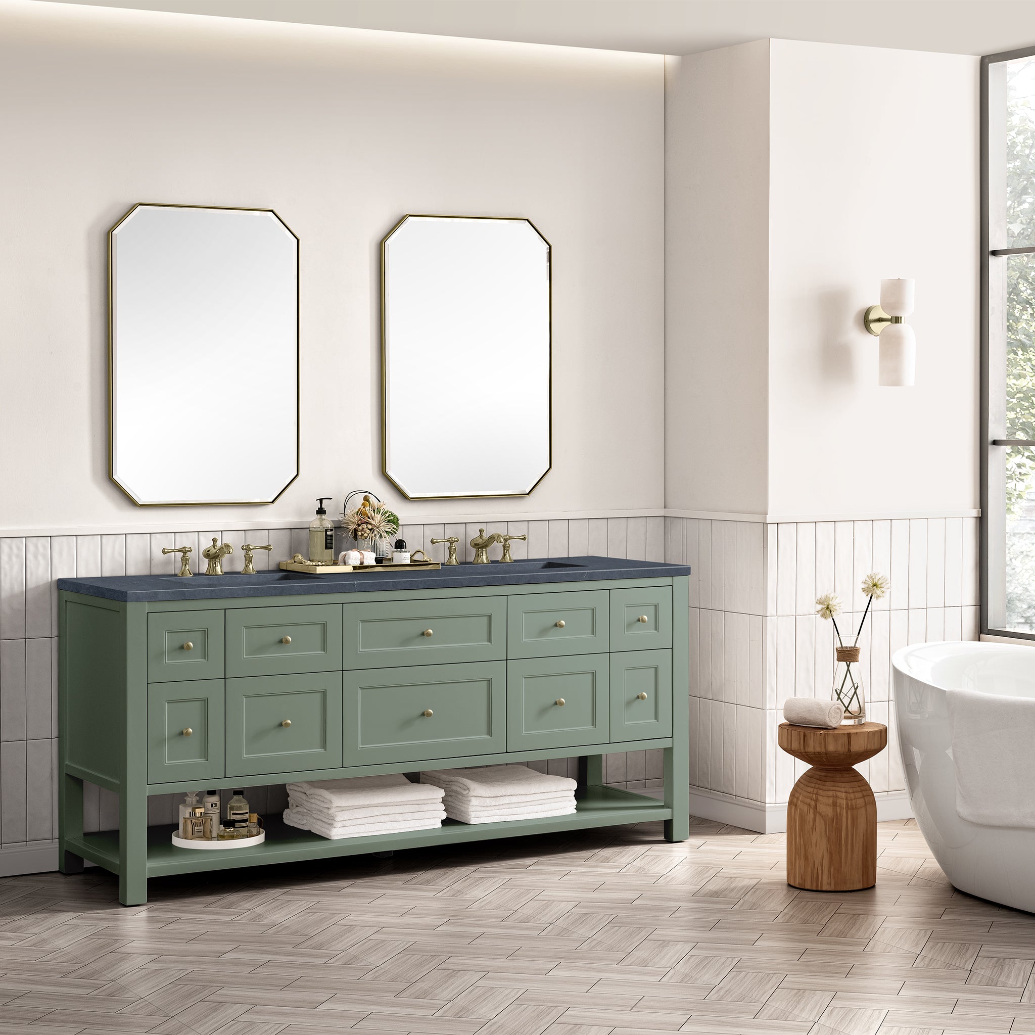 Breckenridge 72 Inch Double Vanity with Smokey Celadon Finish and 3CM Charcoal Soapstone Top - Perfect for Modern Bathroom Renovations and Master Suite Upgrades