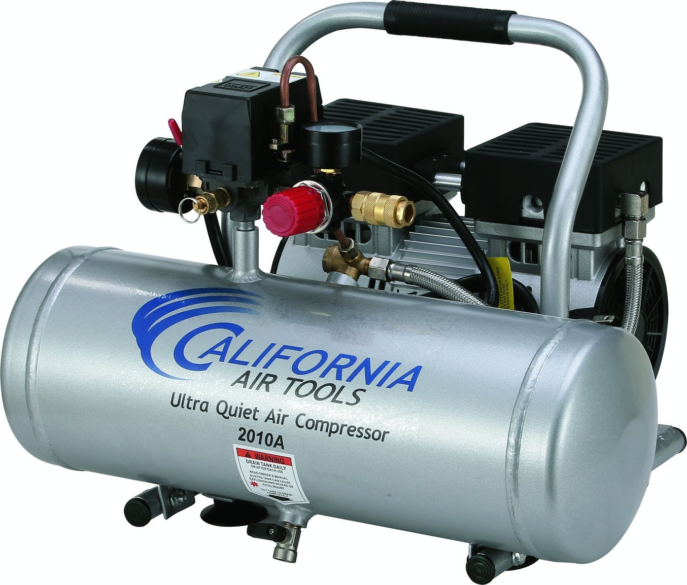California Air Tools 2010A Ultra Quiet Oil-Free 1.0 HP Air Compressor - 2.0 Gallon Aluminum Tank (Silver) | Includes Hybrider Flex 1/4in 25ft Hybrid Air Hose with Quick Connect Fittings | Perfect for Home Garage, DIY Projects & Professional Workshops