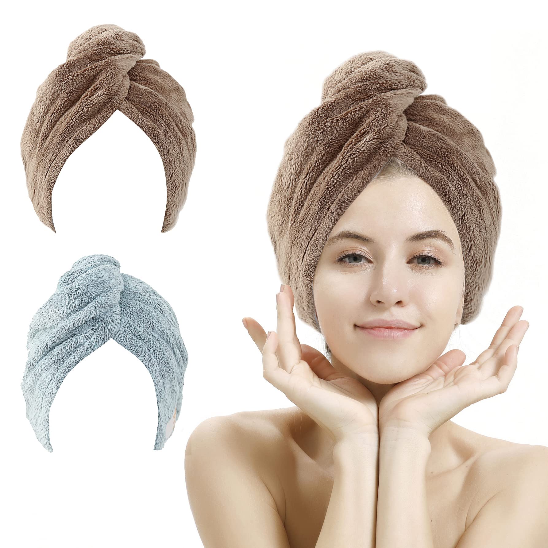 2 Pack Super Absorbent Microfiber Hair Drying Towels - Hair Wrap Turban with Button for Fast Drying (Star Green & Camel) | Perfect for Post-Shower, Salon, Travel & Home Hair Care