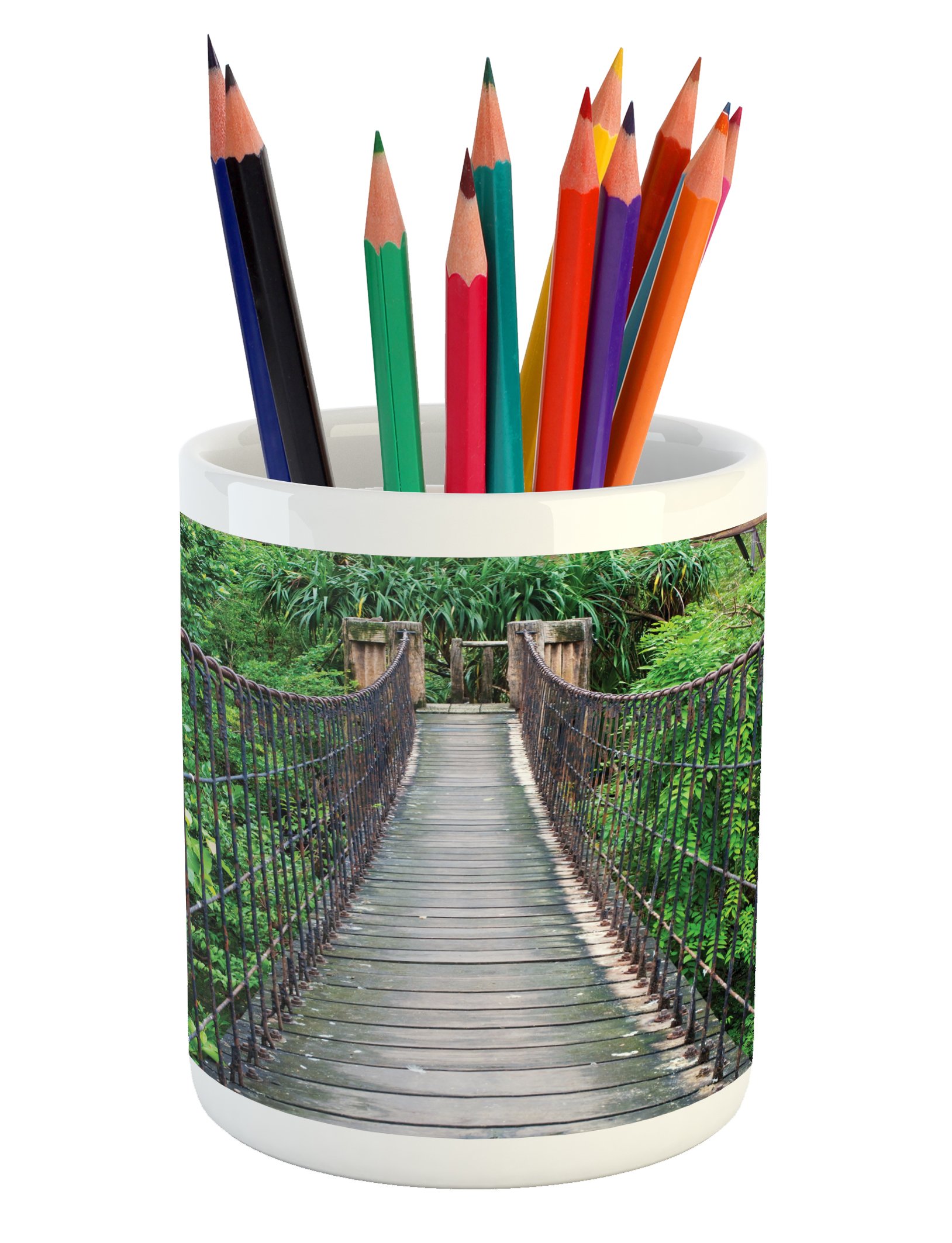 Ceramic Jungle Pencil Holder - Indonesian Rainforest Bridge Design, 3.6