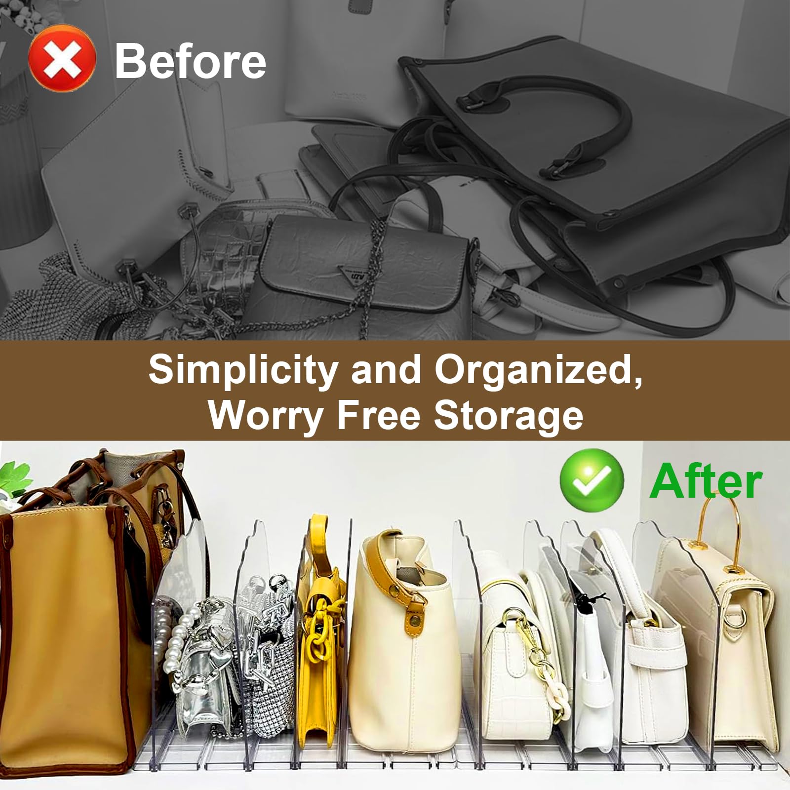 2 Pack Clear Acrylic Shelf Dividers for Purses & Handbags - 10 Layer Adjustable Organizer for Closet, Office, Bookshelf & Bedroom Storage | Perfect for Purse Display, Wallet Organization & Bag Storage Solutions